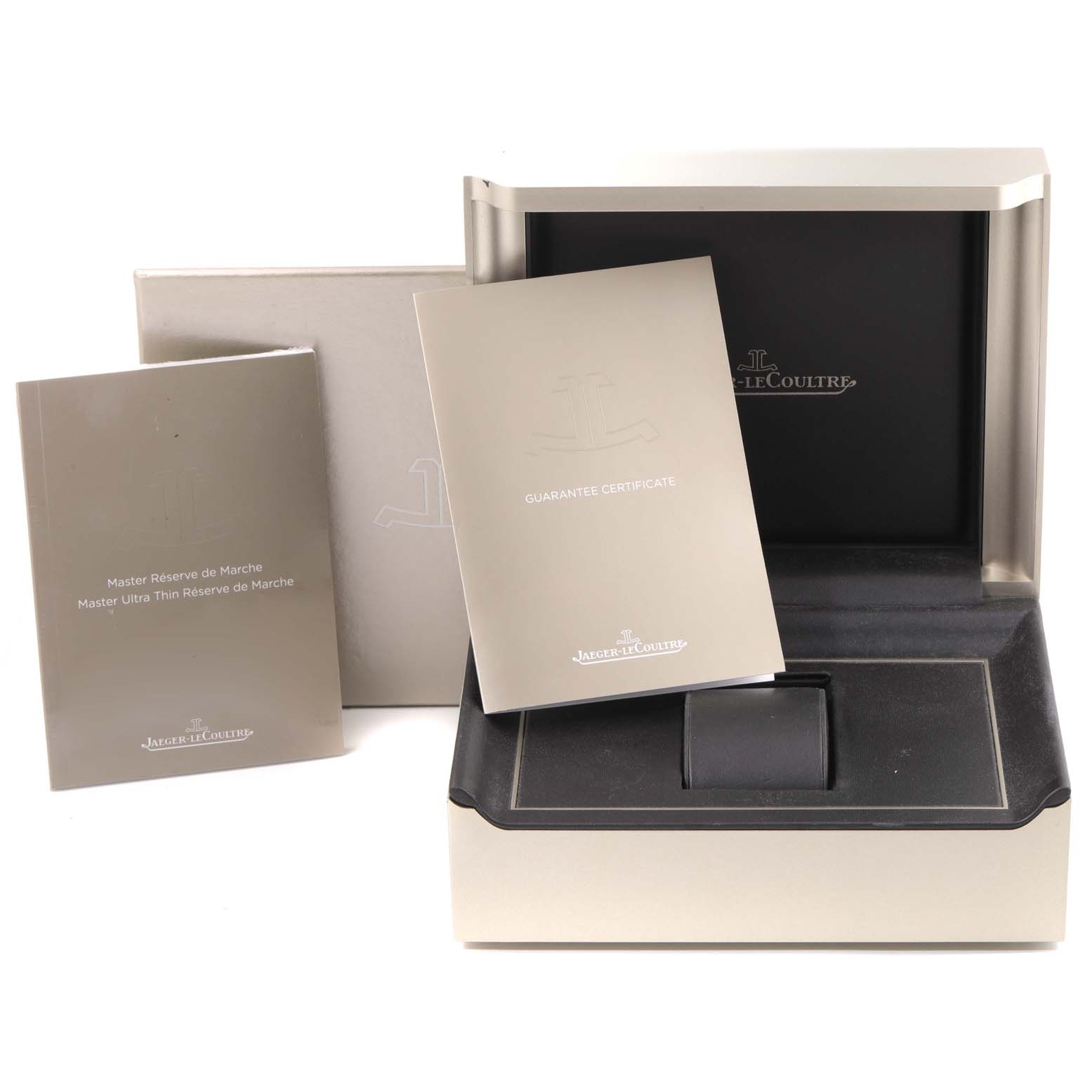The image shows the box, guarantee certificates, and manuals for a Jaeger LeCoultre Master Q1378480 Men's Stainless Steel Blue Dial Q1378480 Men's Stainless Steel Blue Dial model watch.