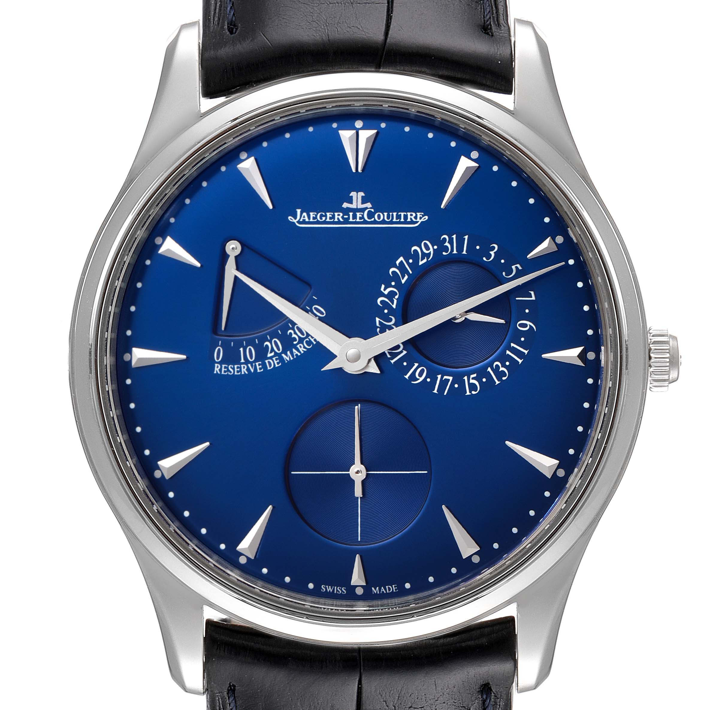 This image shows a front view of the Jaeger LeCoultre Master Q1378480 Men's Stainless Steel Blue Dial Q1378480 Men's Stainless Steel Blue Dial model watch, displaying its blue dial with additional subdials and date markers.