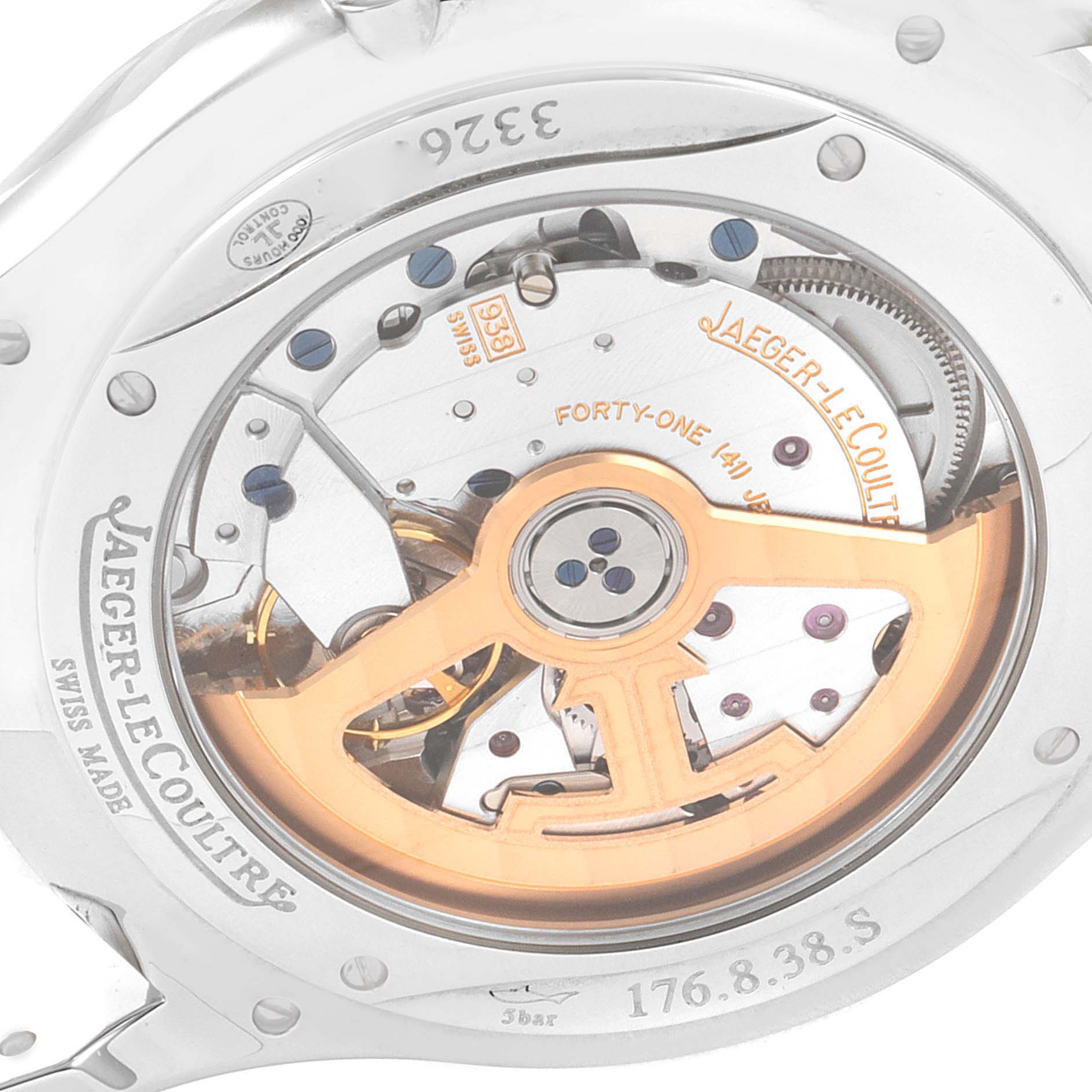 This image shows the back view of the Jaeger-LeCoultre Master model watch, displaying its intricate movement mechanism.