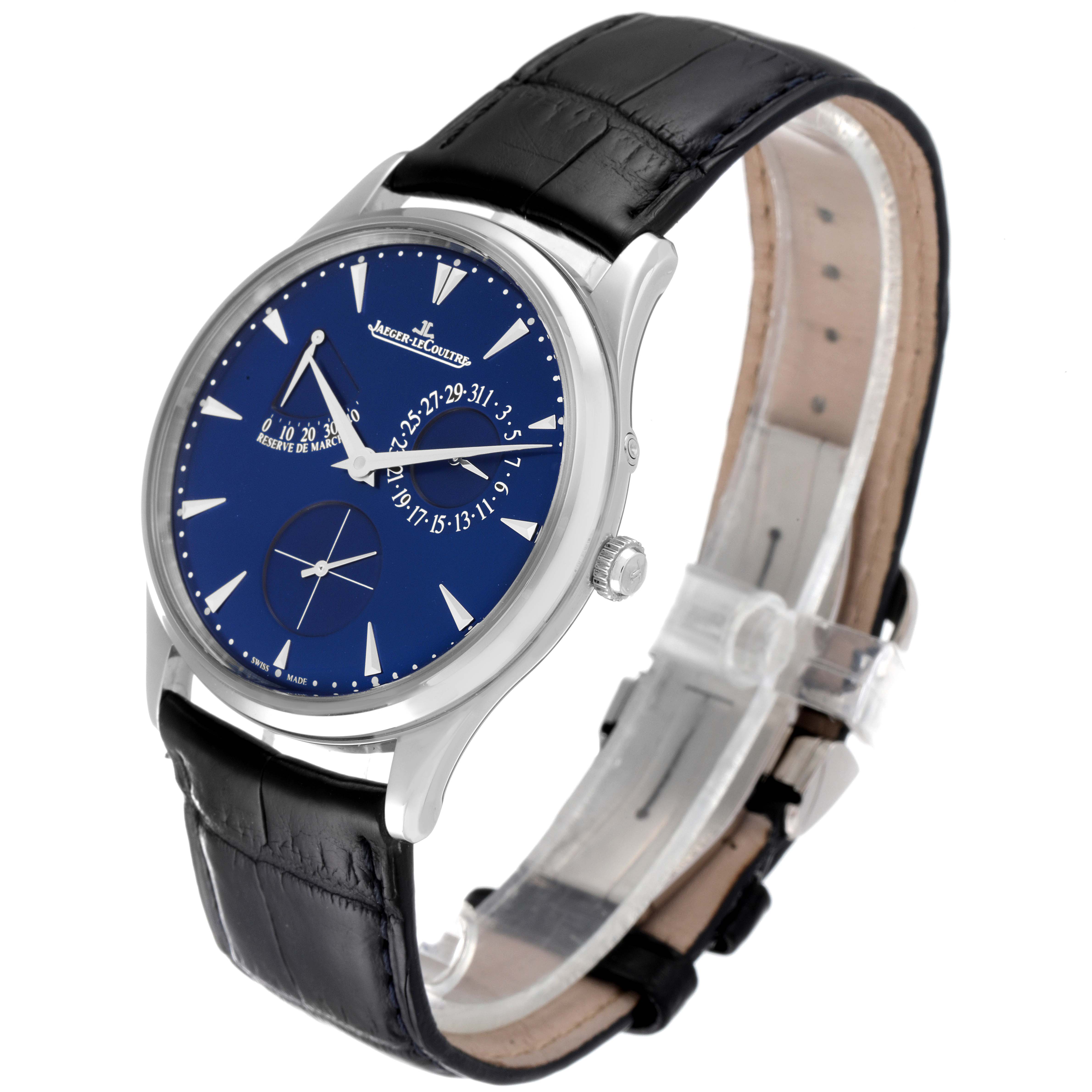 The image shows a Jaeger-LeCoultre Master model watch, angled to display the dial, crown, and leather strap.