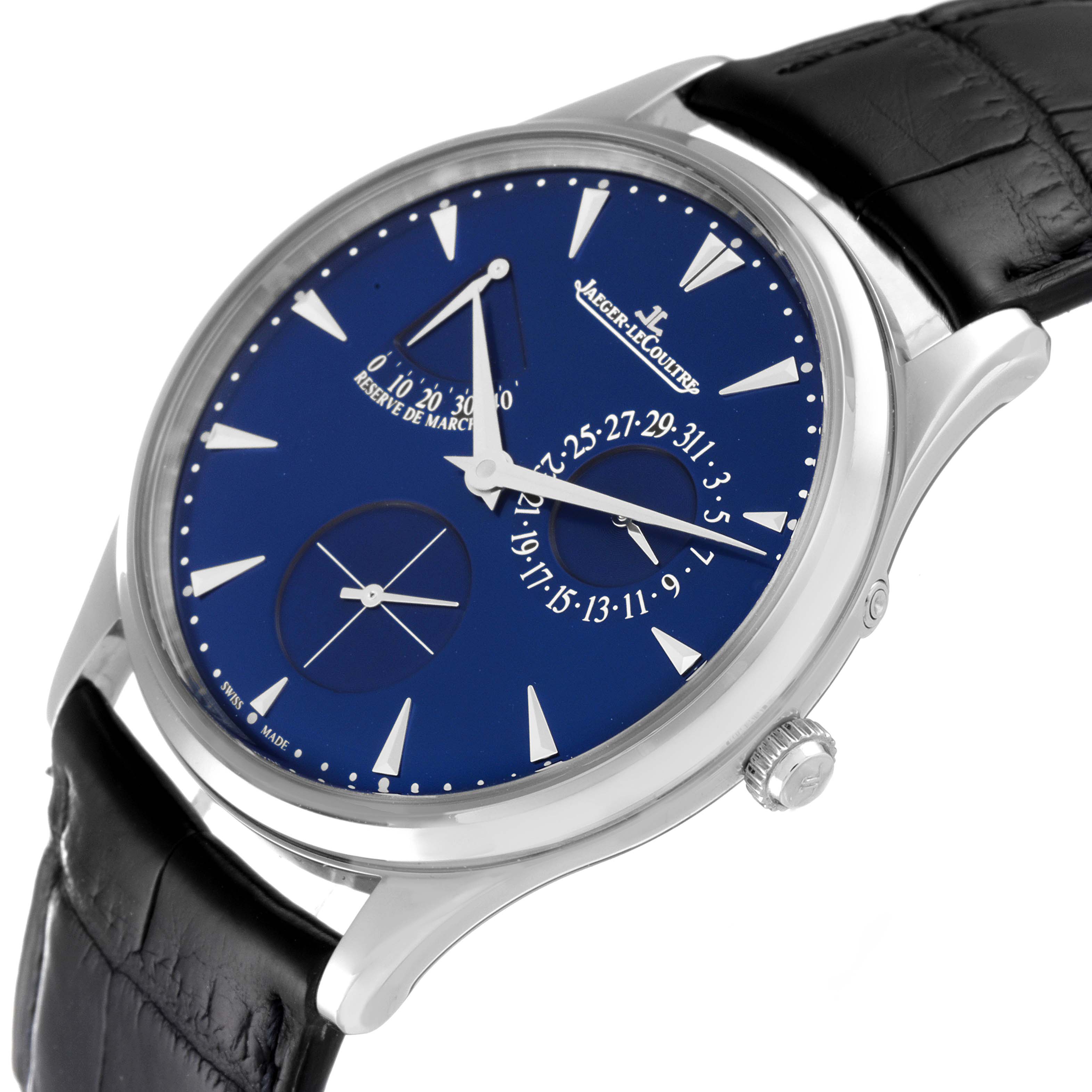 This is a Jaeger LeCoultre Master Q1378480 Men's Stainless Steel Blue Dial Q1378480 Men's Stainless Steel Blue Dial model watch shown at a slight angle, featuring its blue dial and leather strap.