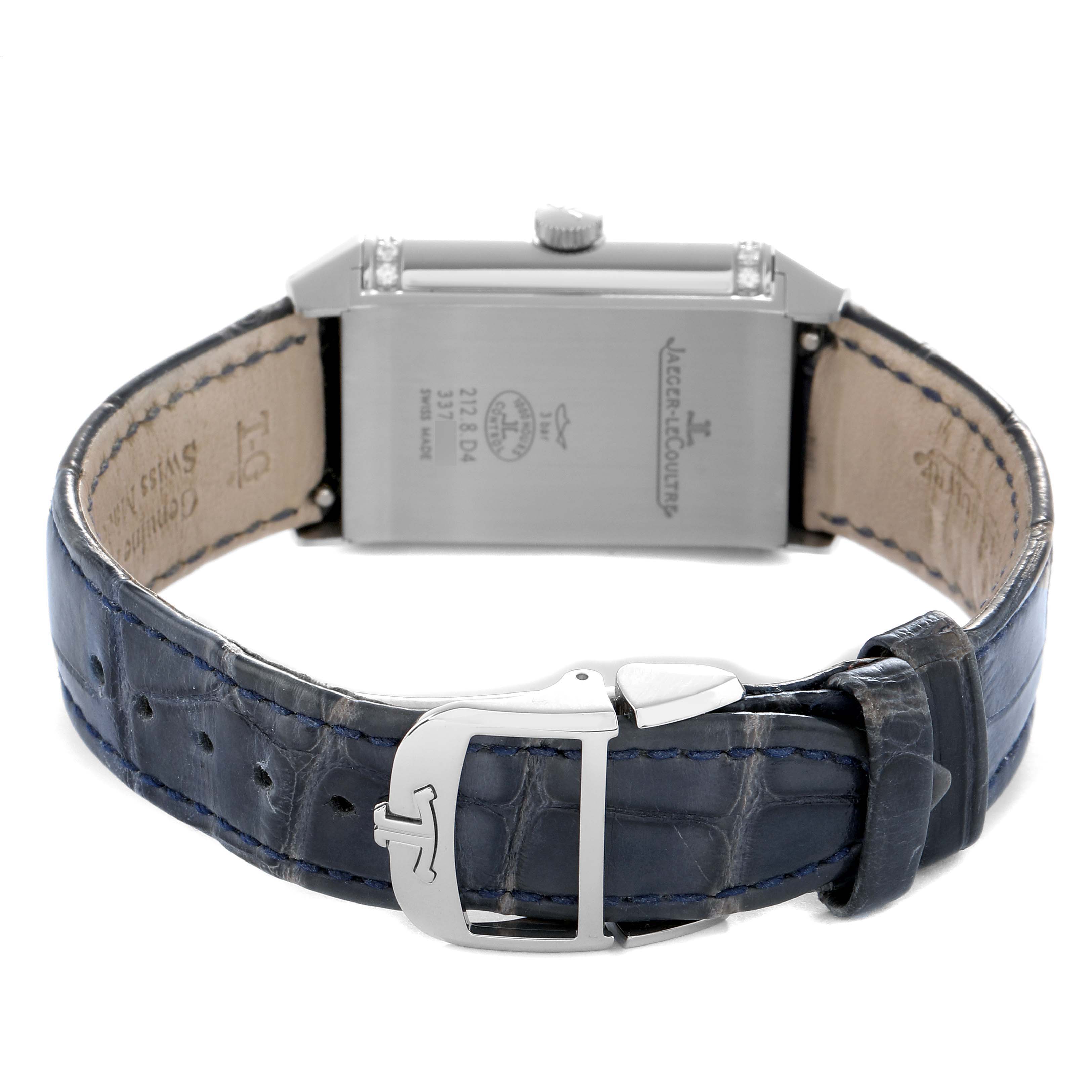 The image shows the back of a Jaeger LeCoultre Reverso Q2588422 Men's Stainless Steel Silver Dial watch, highlighting the case back, crown, and blue leather strap with buckle.