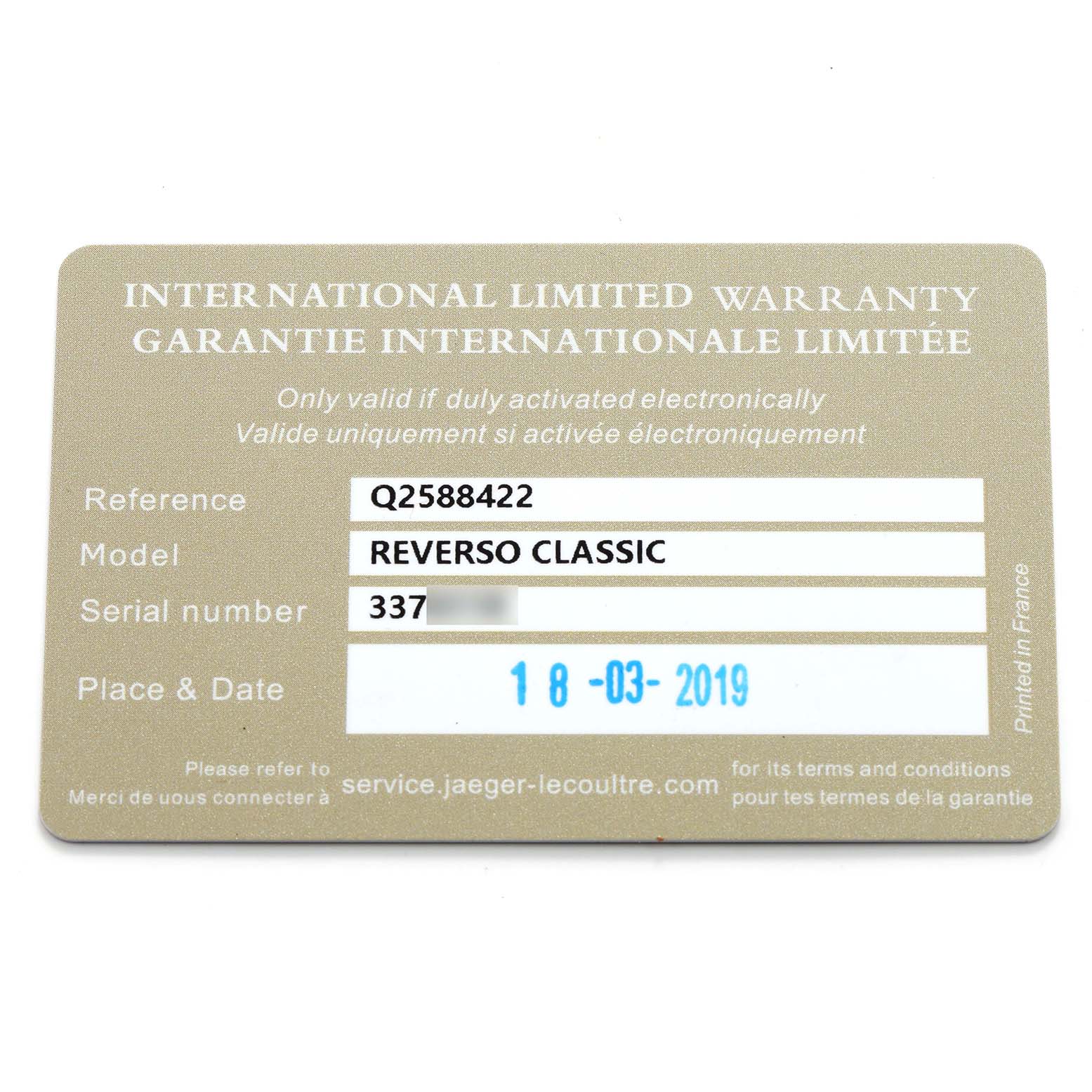 The image shows a warranty card for the Jaeger LeCoultre Reverso Q2588422 Men's Stainless Steel Silver Dial Classic, displaying reference, model, and serial number details.