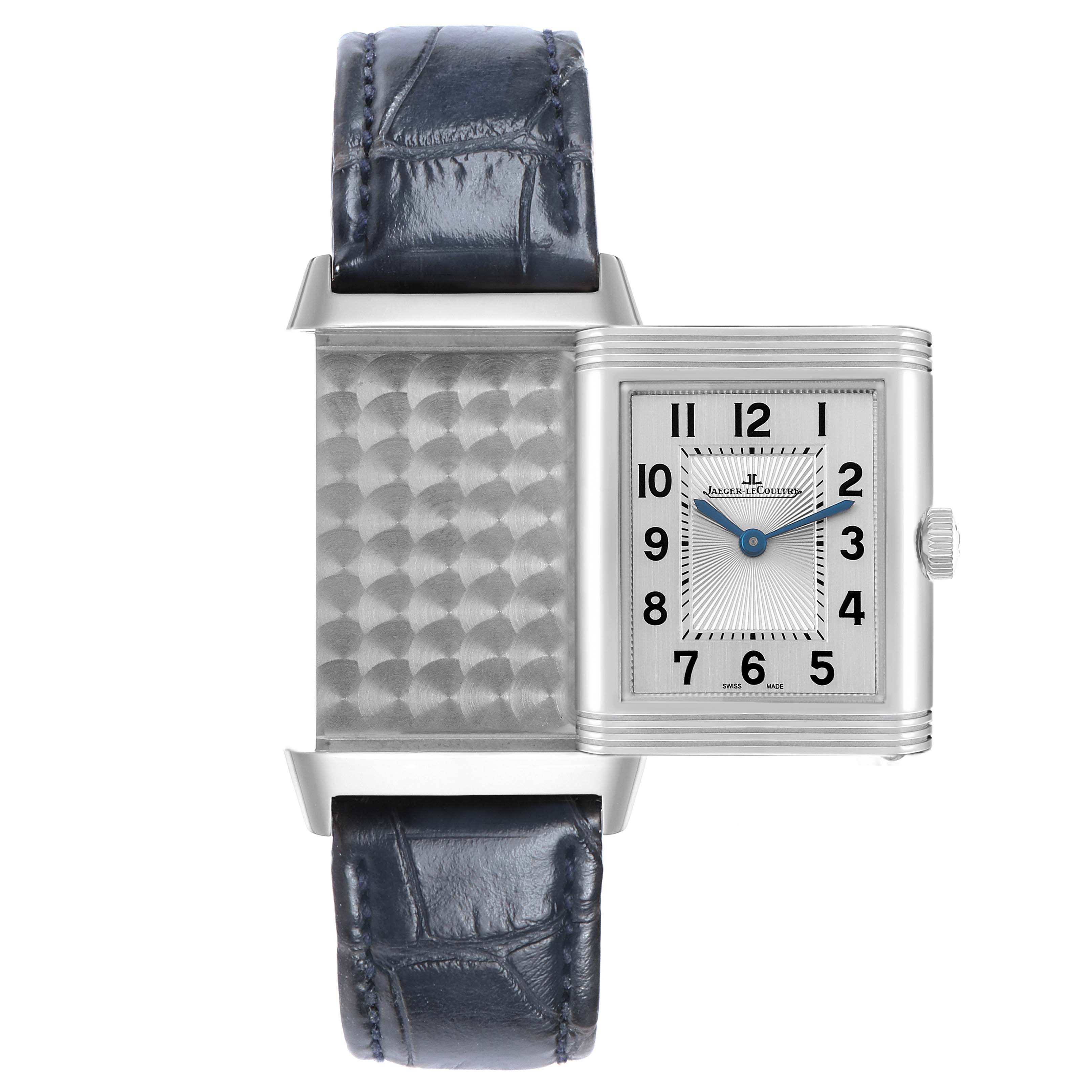 The Jaeger LeCoultre Reverso Q2588422 Men's Stainless Steel Silver Dial watch is shown from the front with its case flipped open, revealing both the face and the interior pattern.