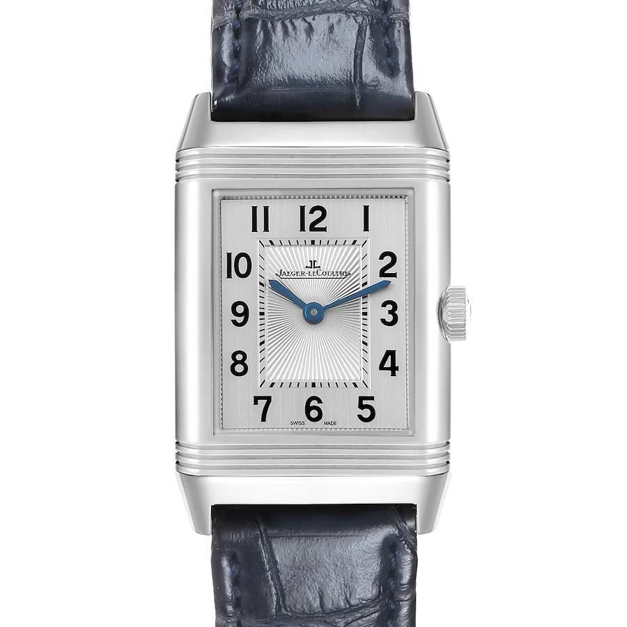 The Jaeger-LeCoultre Reverso watch is shown from the front, displaying its dial, rectangular case, and strap.