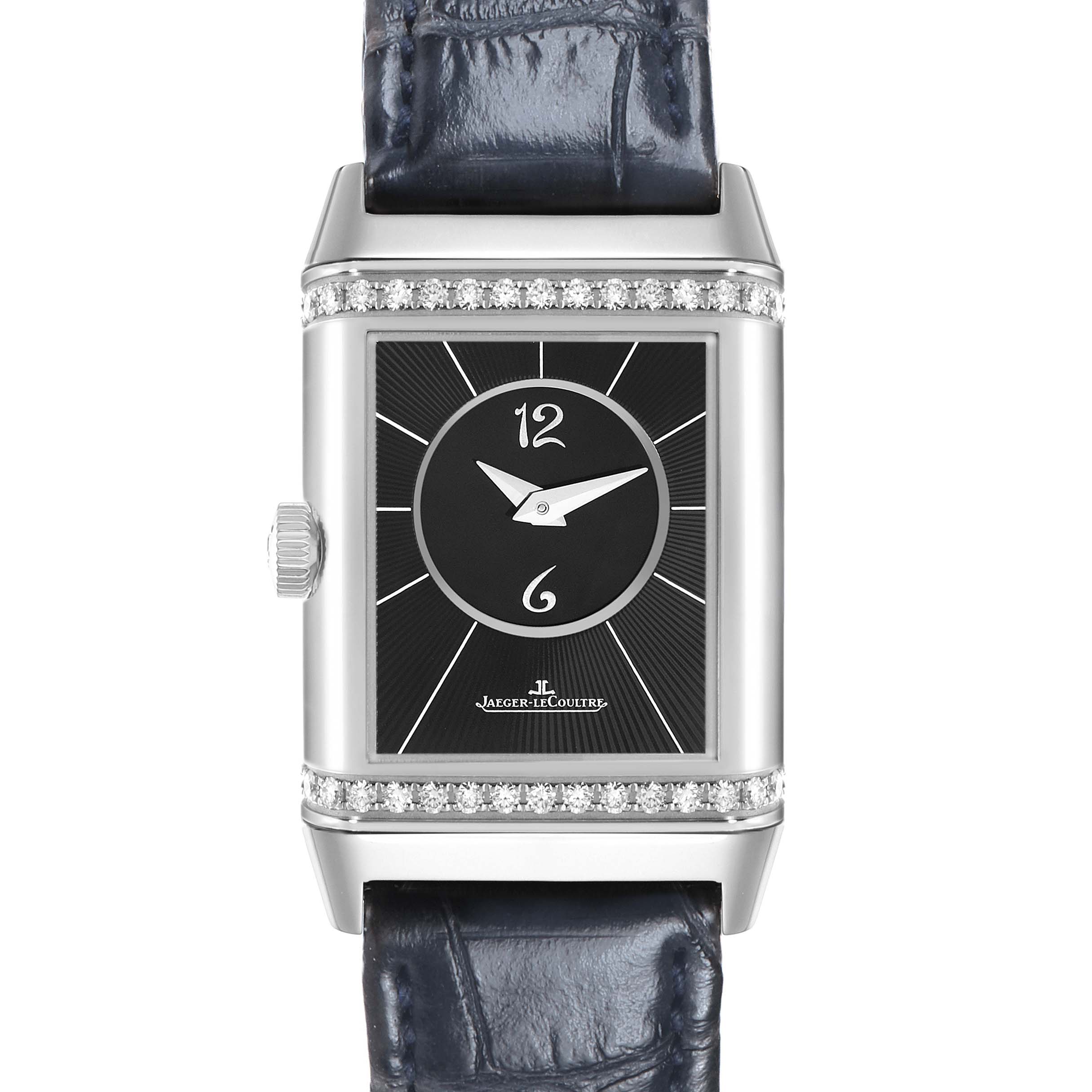 The Jaeger LeCoultre Reverso Q2588422 Men's Stainless Steel Silver Dial watch is shown from the front, displaying its rectangular face and crocodile strap.