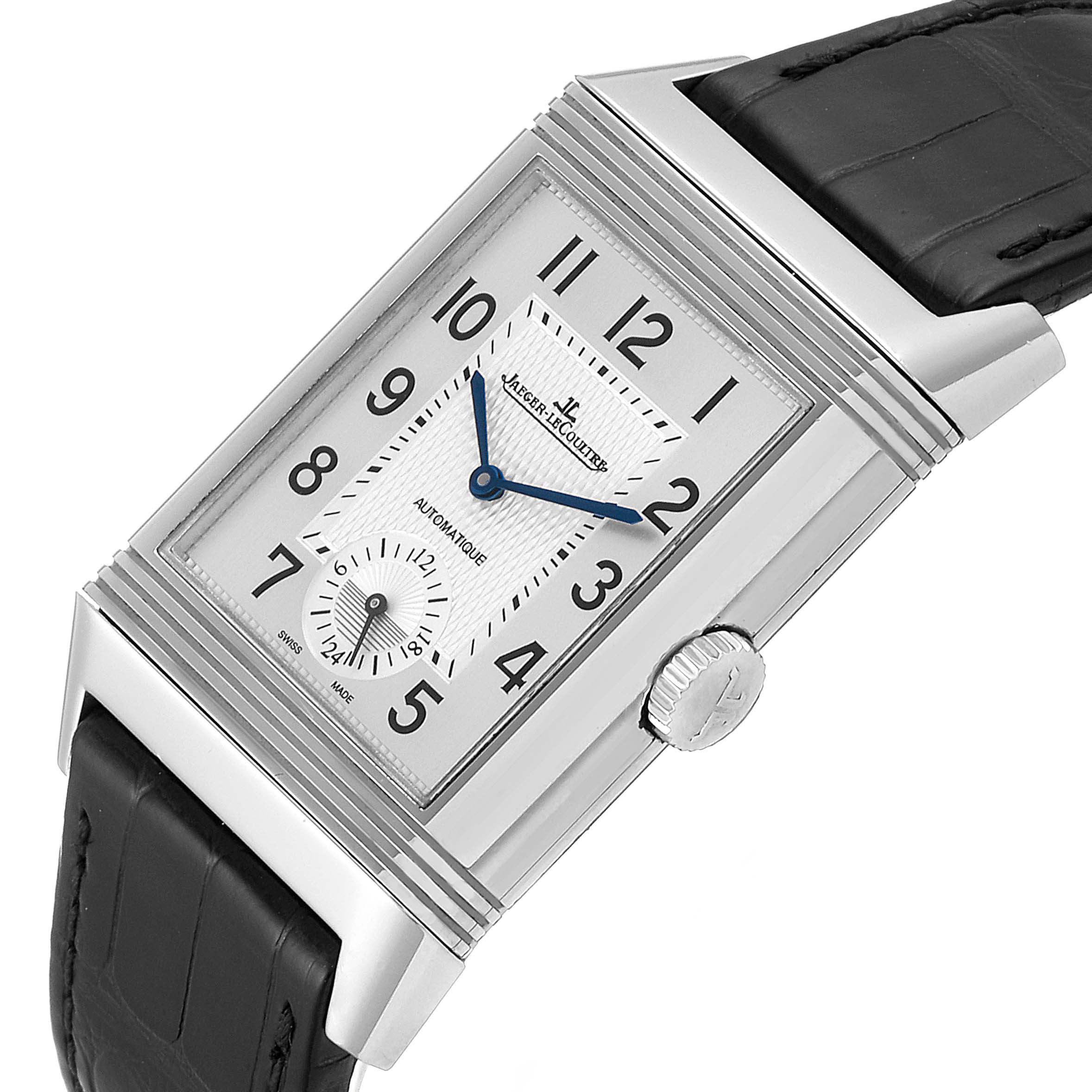 The image shows a Jaeger LeCoultre Reverso Q3838420 Men's Stainless Steel Silver Dial Q3838420 Men's Stainless Steel Silver Dial model watch at an angled view highlighting the dial, crown, and strap.