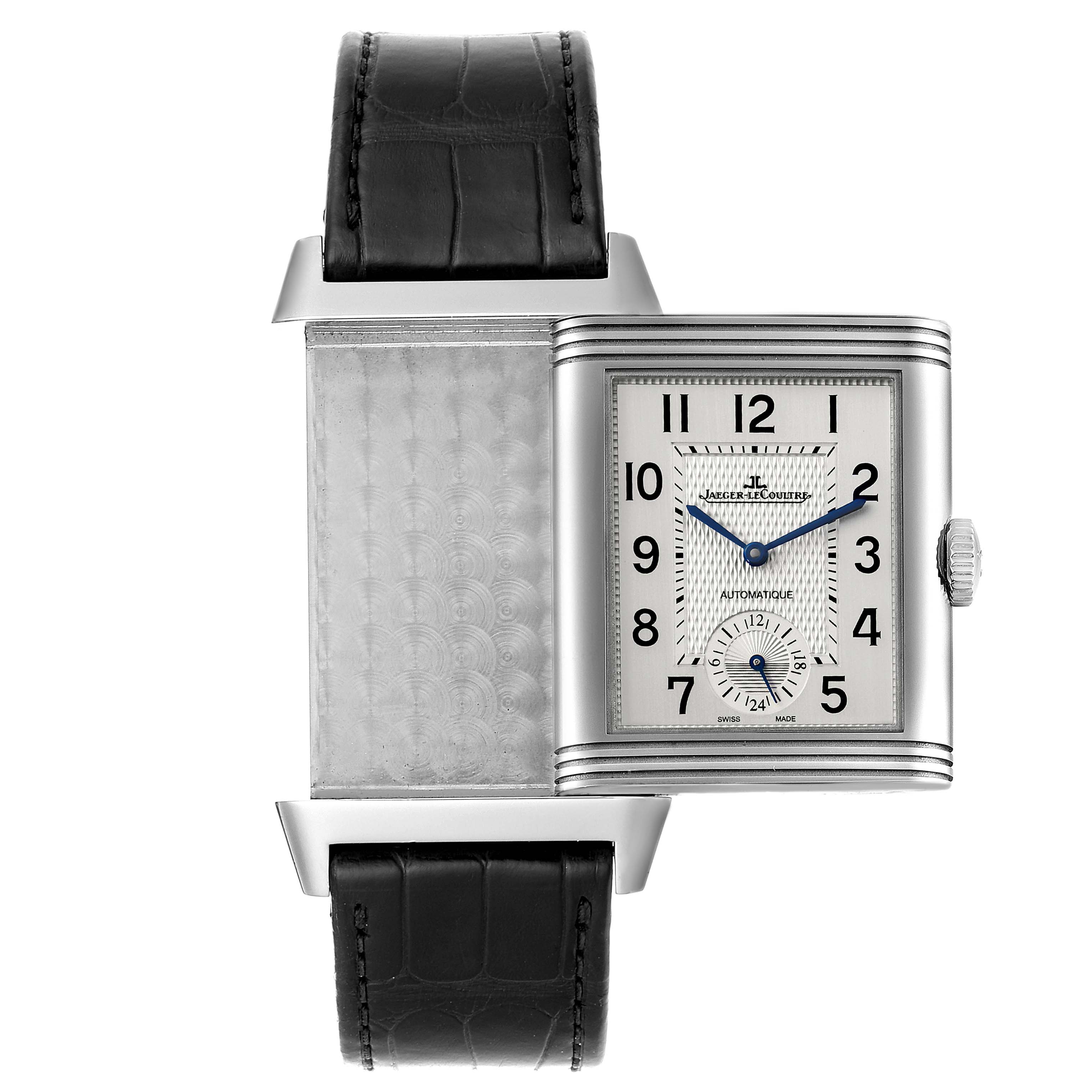 The image shows a Jaeger LeCoultre Reverso Q3838420 Men's Stainless Steel Silver Dial Q3838420 Men's Stainless Steel Silver Dial watch with its reversible case pivoted to reveal the backside and the dial.