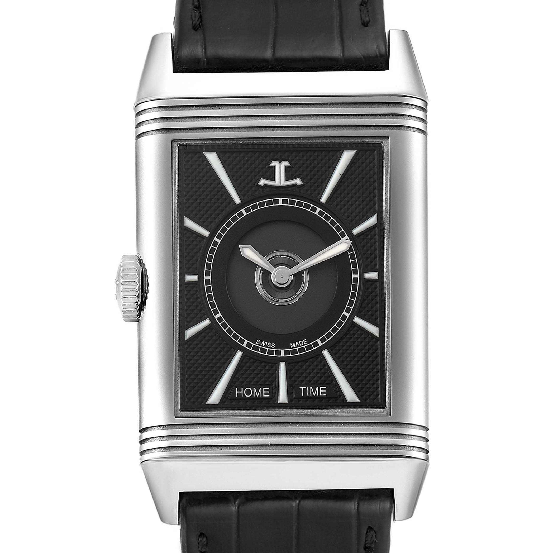 The Reverso watch by Jaeger-LeCoultre is shown from the front, displaying the face, case, and crown.