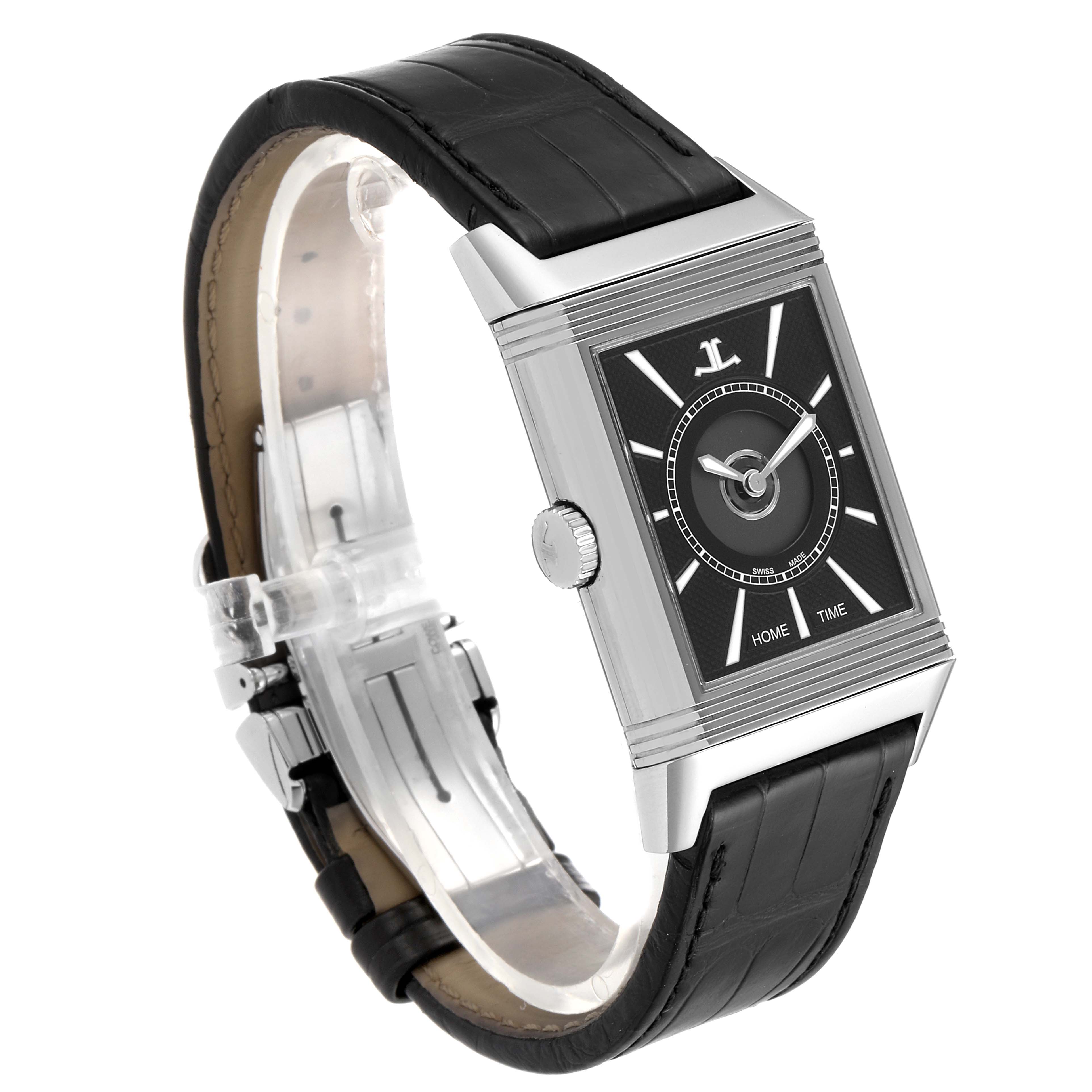 The image shows a Jaeger LeCoultre Reverso Q3838420 Men's Stainless Steel Silver Dial Q3838420 Men's Stainless Steel Silver Dial watch at a three-quarter angle featuring its face, crown, and black leather strap.