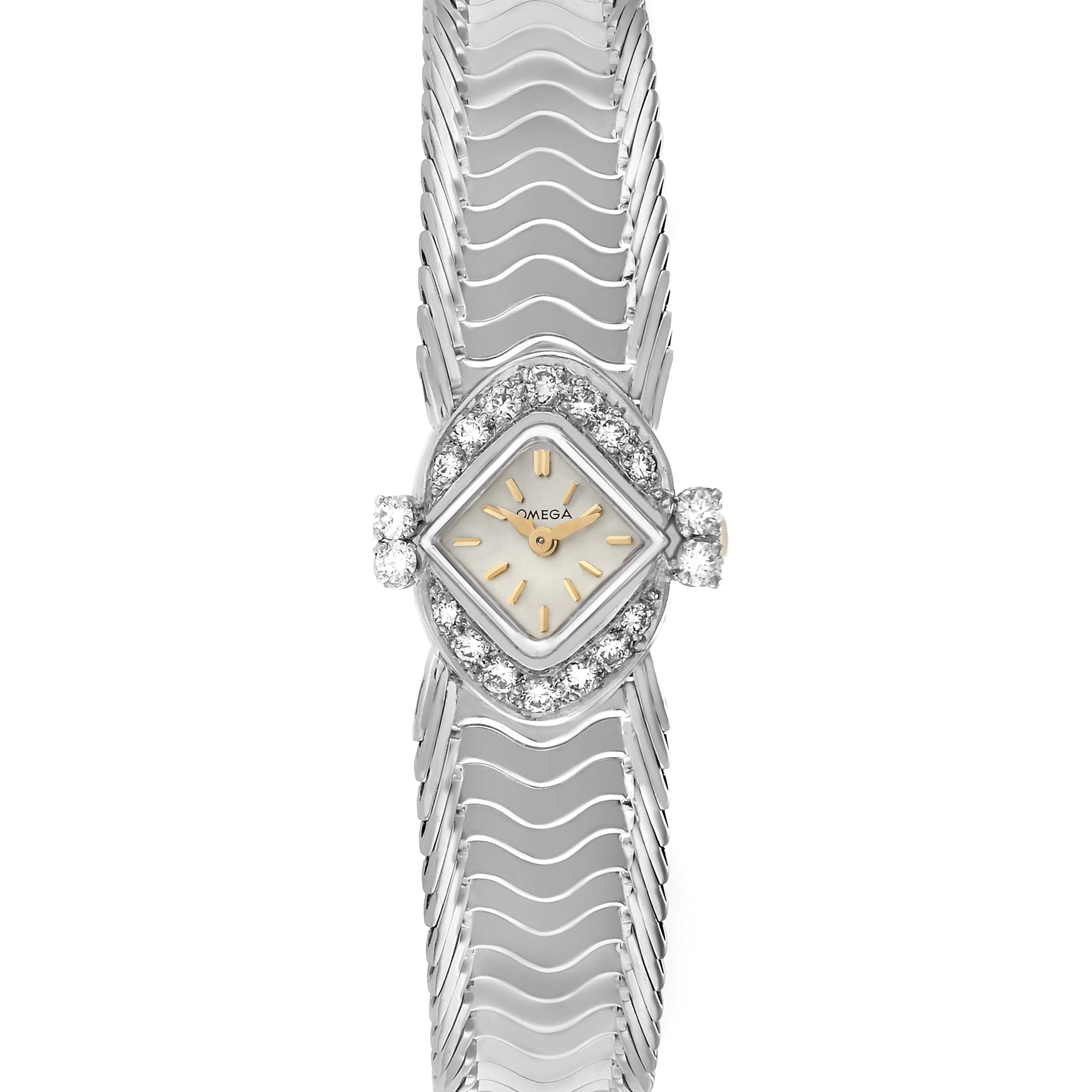 The Omega 119.26.65 Women's Stainless Steel Silver Dial De Ville Vintage Diamond Ladies Watch 119.26.65 is shown from a top-down angle, highlighting the dial and bracelet.