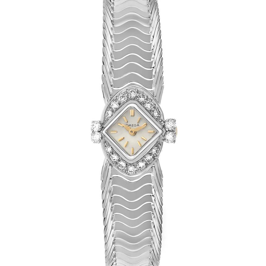 The Omega 119.26.65 Women's Stainless Steel Silver Dial De Ville Vintage Diamond Ladies Watch 119.26.65 is shown from a top-down angle, highlighting the dial and bracelet.