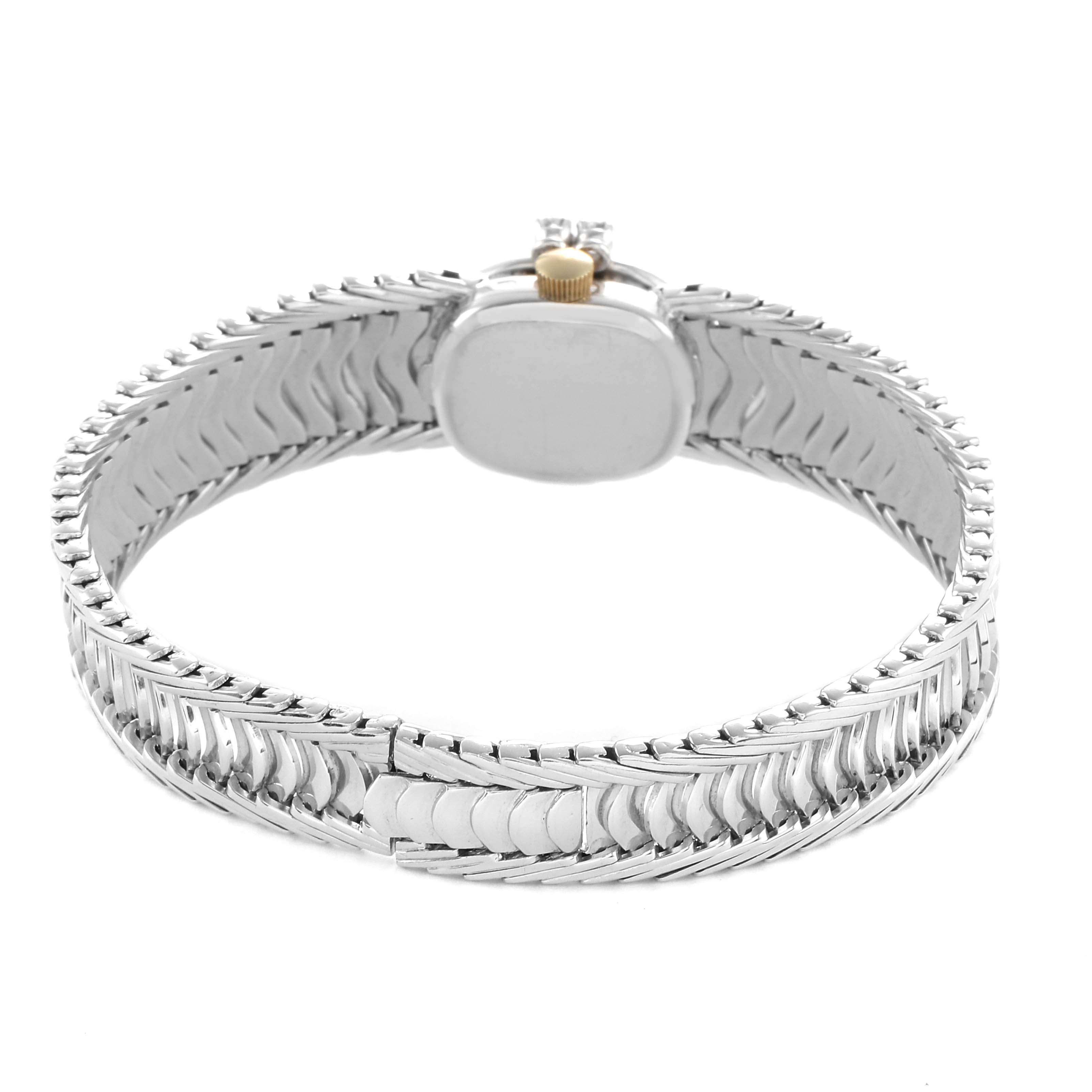 The image shows the back and side of the Omega 119.26.65 Women's Stainless Steel Silver Dial De Ville Vintage Diamond Ladies Watch 119.26.65, highlighting the bracelet and crown.