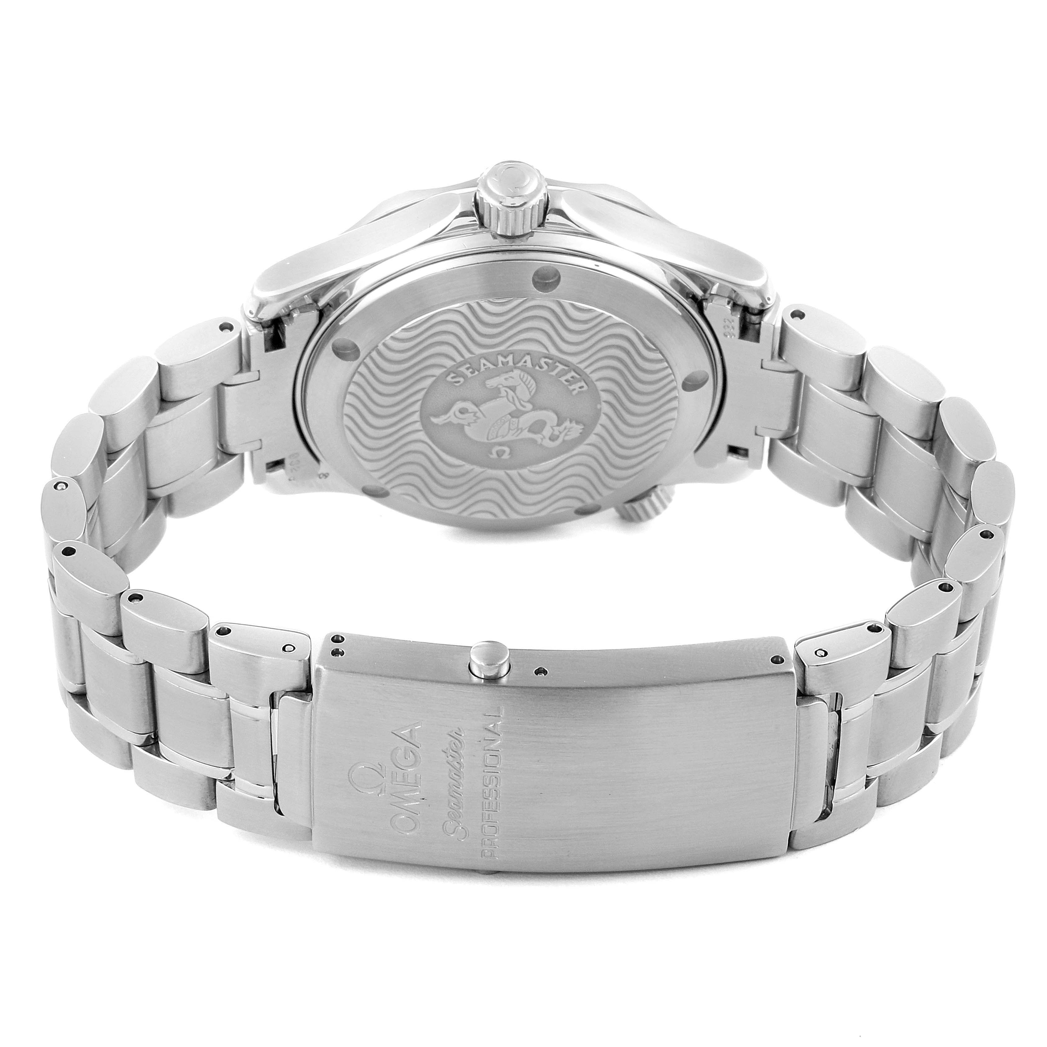 The image shows the back view of an Omega Seamaster 2252.50.00 Men
s Stainless Steel Black Dial 2252.50.00 Men
s Stainless Steel Black Dial watch, highlighting its clasp, bracelet, and engraved caseback.