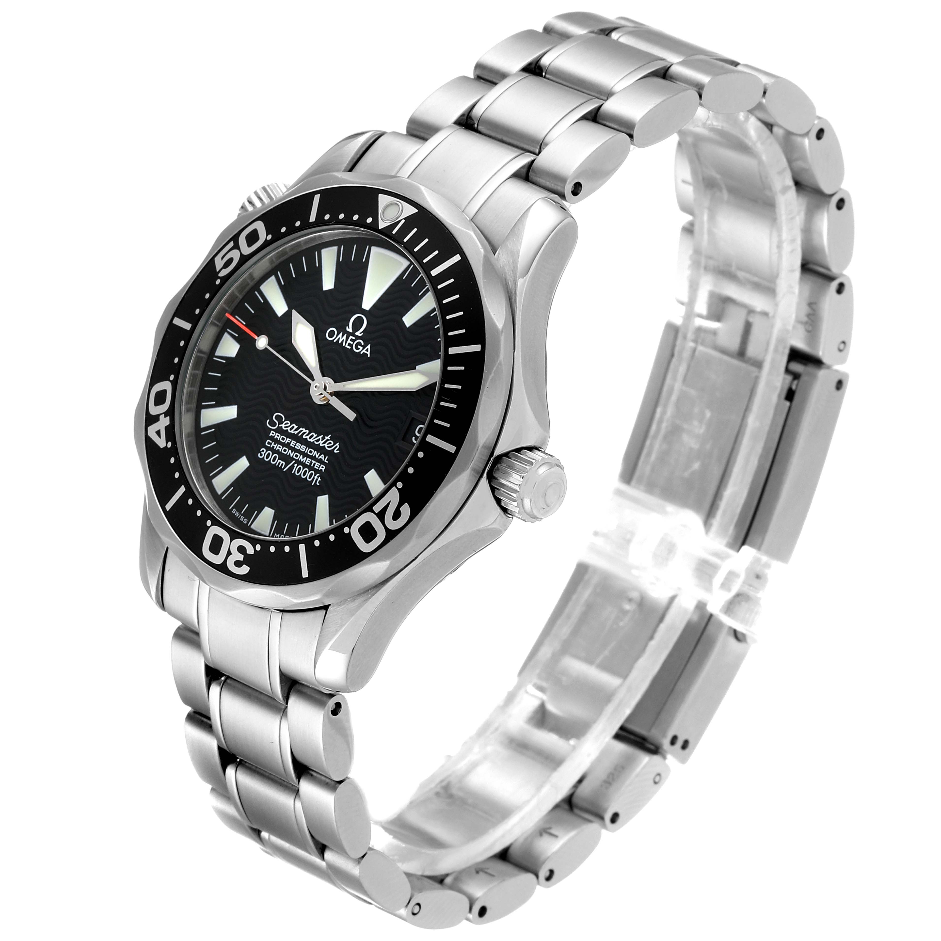 The image shows an angled side view of an Omega Seamaster 2252.50.00 Men
s Stainless Steel Black Dial 2252.50.00 Men
s Stainless Steel Black Dial watch, highlighting its stainless steel bracelet, bezel, and dial.