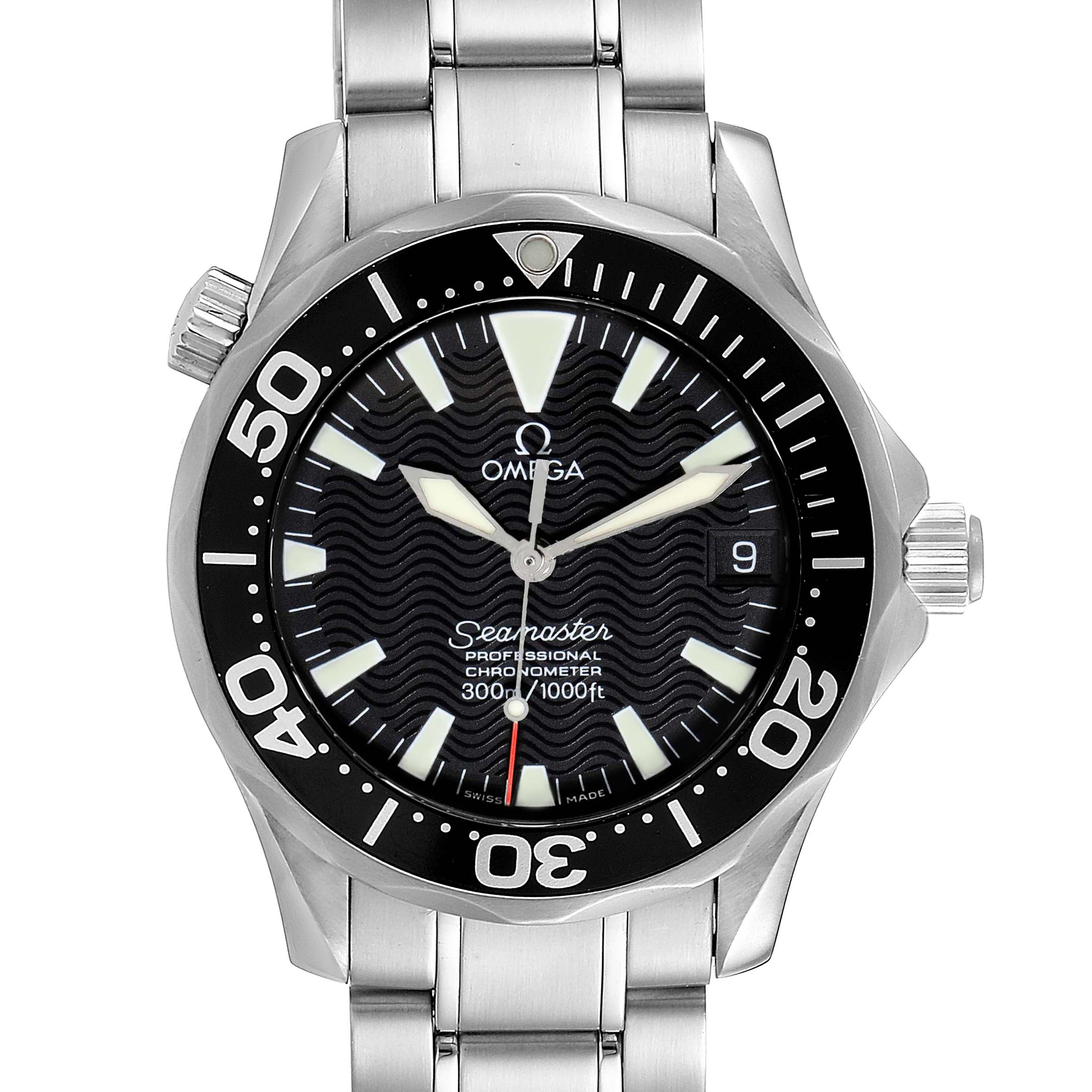 The image shows a front view of an Omega Seamaster 2252.50.00 Men
s Stainless Steel Black Dial 2252.50.00 Men
s Stainless Steel Black Dial watch, highlighting the dial, bezel, crown, and part of the bracelet.