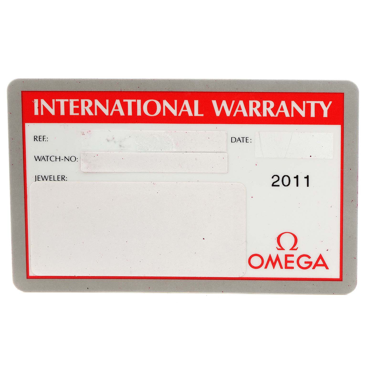 The image shows an Omega Seamaster 2252.50.00 Men
s Stainless Steel Black Dial 2252.50.00 Men
s Stainless Steel Black Dial International Warranty card featuring spaces for reference, date, watch number, and jeweler details.