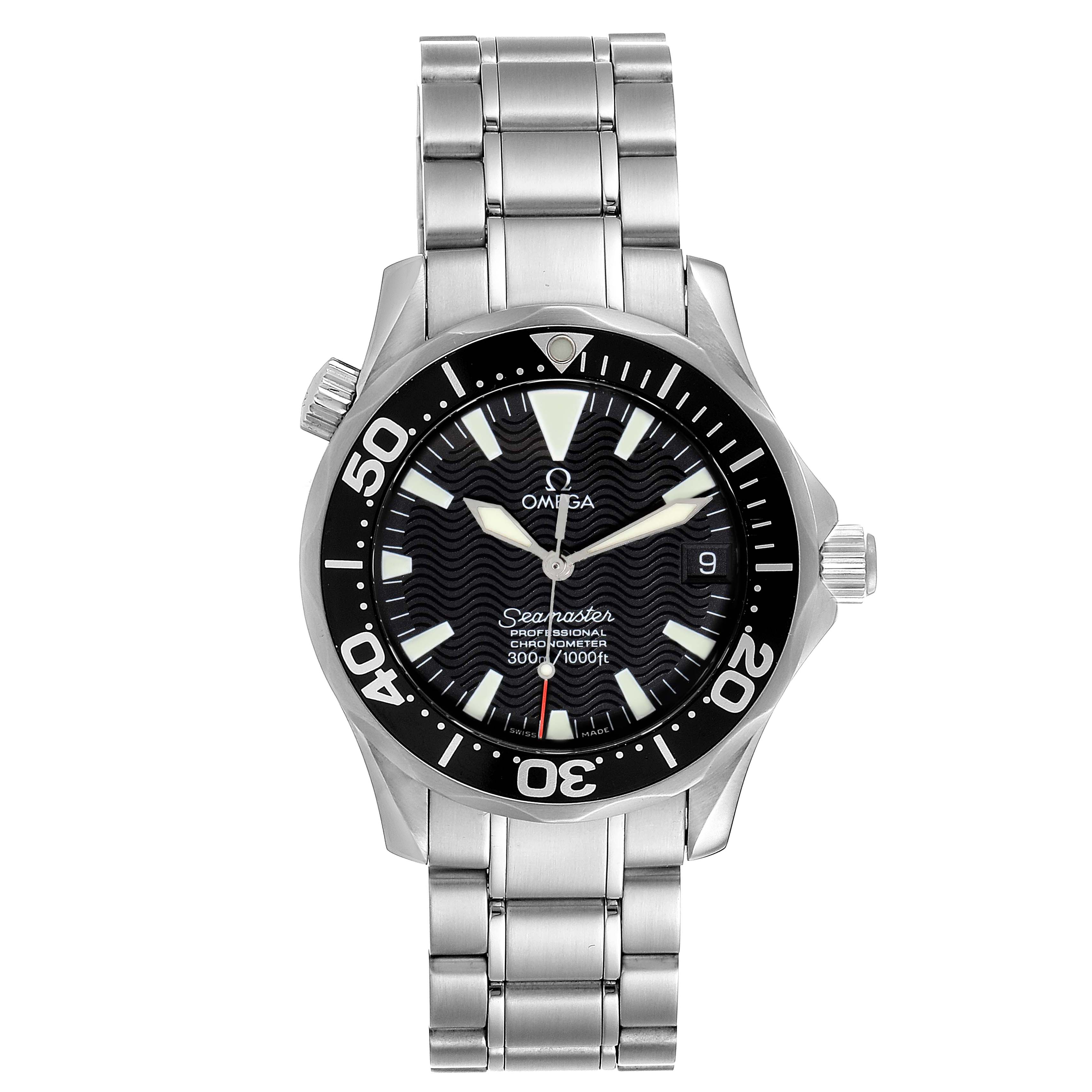 The Omega Seamaster 2252.50.00 Men
s Stainless Steel Black Dial 2252.50.00 Men
s Stainless Steel Black Dial watch is shown from a front angle, displaying the dial, bezel, bracelet, and helium escape valve.