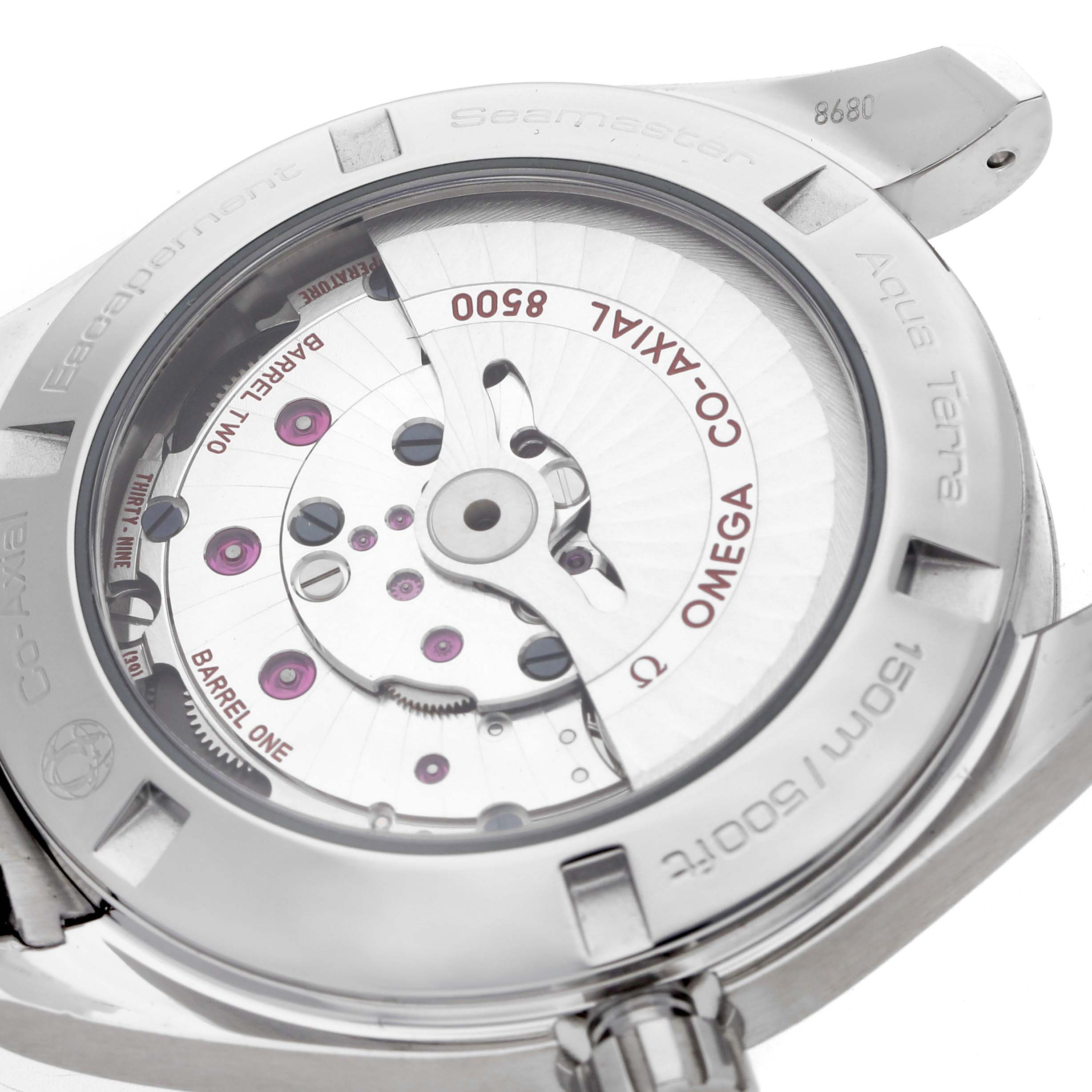 The image shows the back view of the Omega Aqua Terra 231.10.39.21.02.001 Men's Stainless Steel Silver Dial, highlighting its Co-Axial 8500 movement through the transparent case back.