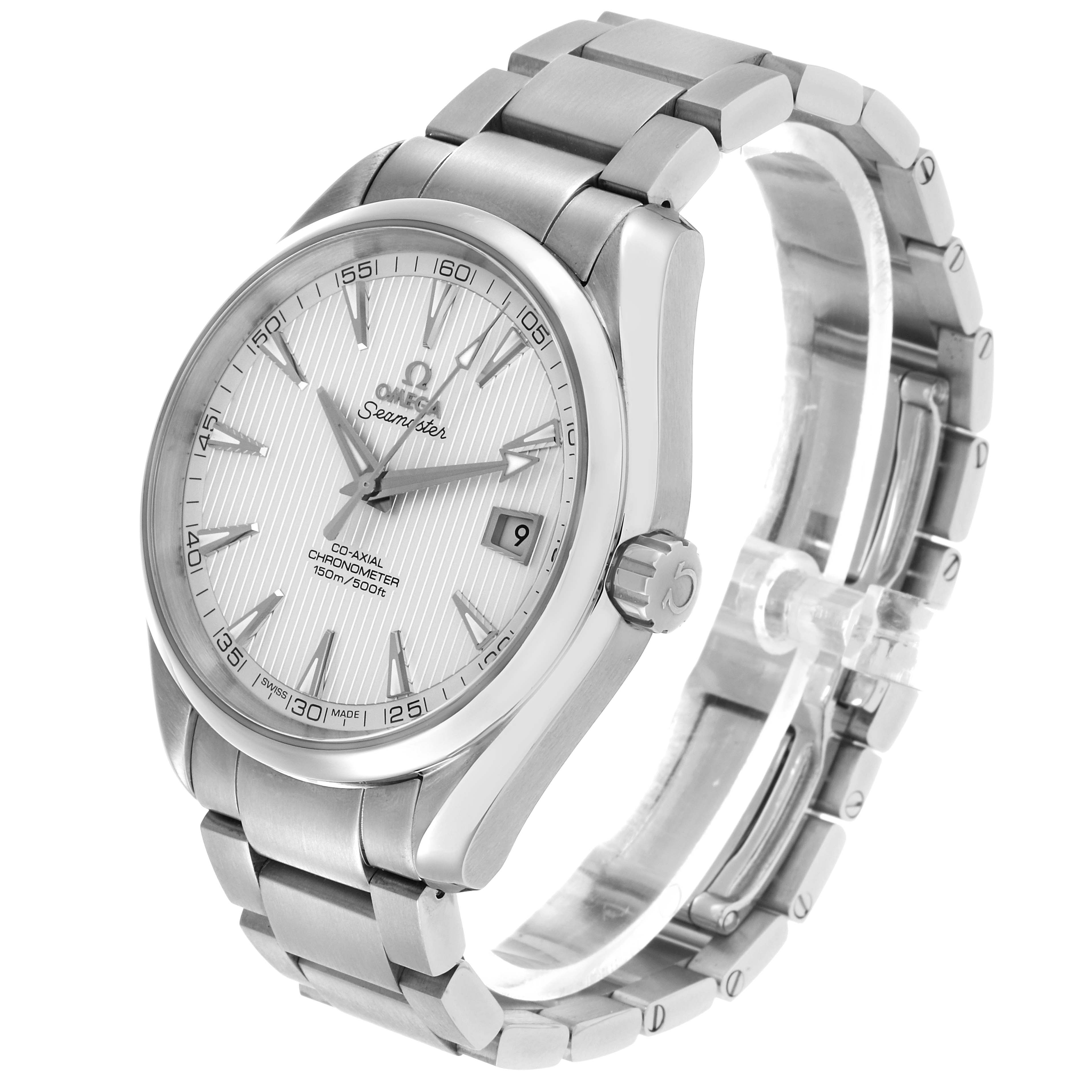 The Omega Aqua Terra 231.10.39.21.02.001 Men's Stainless Steel Silver Dial watch is shown at a three-quarter angle, displaying the dial, bracelet, and crown.
