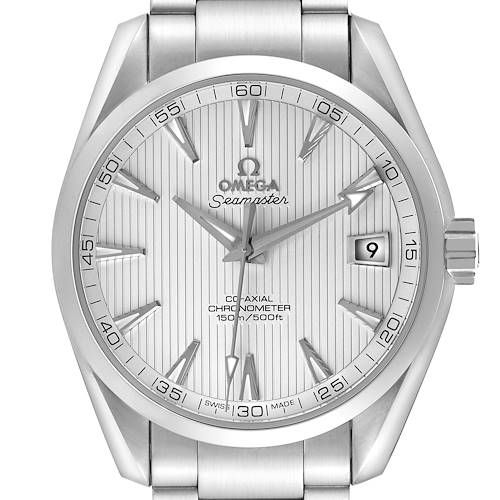 The Omega Seamaster Aqua Terra watch is shown from the front, detailing the face, bezel, and part of the bracelet.