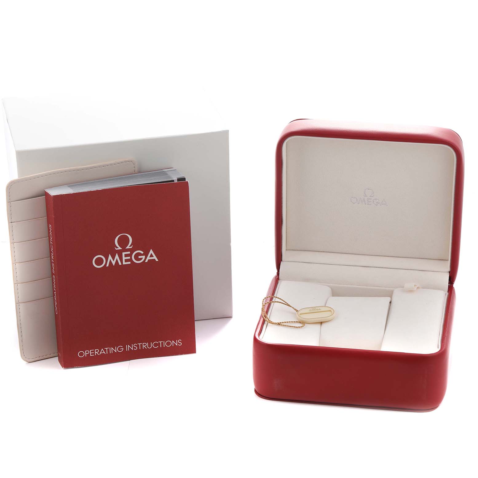 The image shows the Omega Aqua Terra 231.10.39.21.02.001 Men's Stainless Steel Silver Dial's open red watch box and operating instructions.