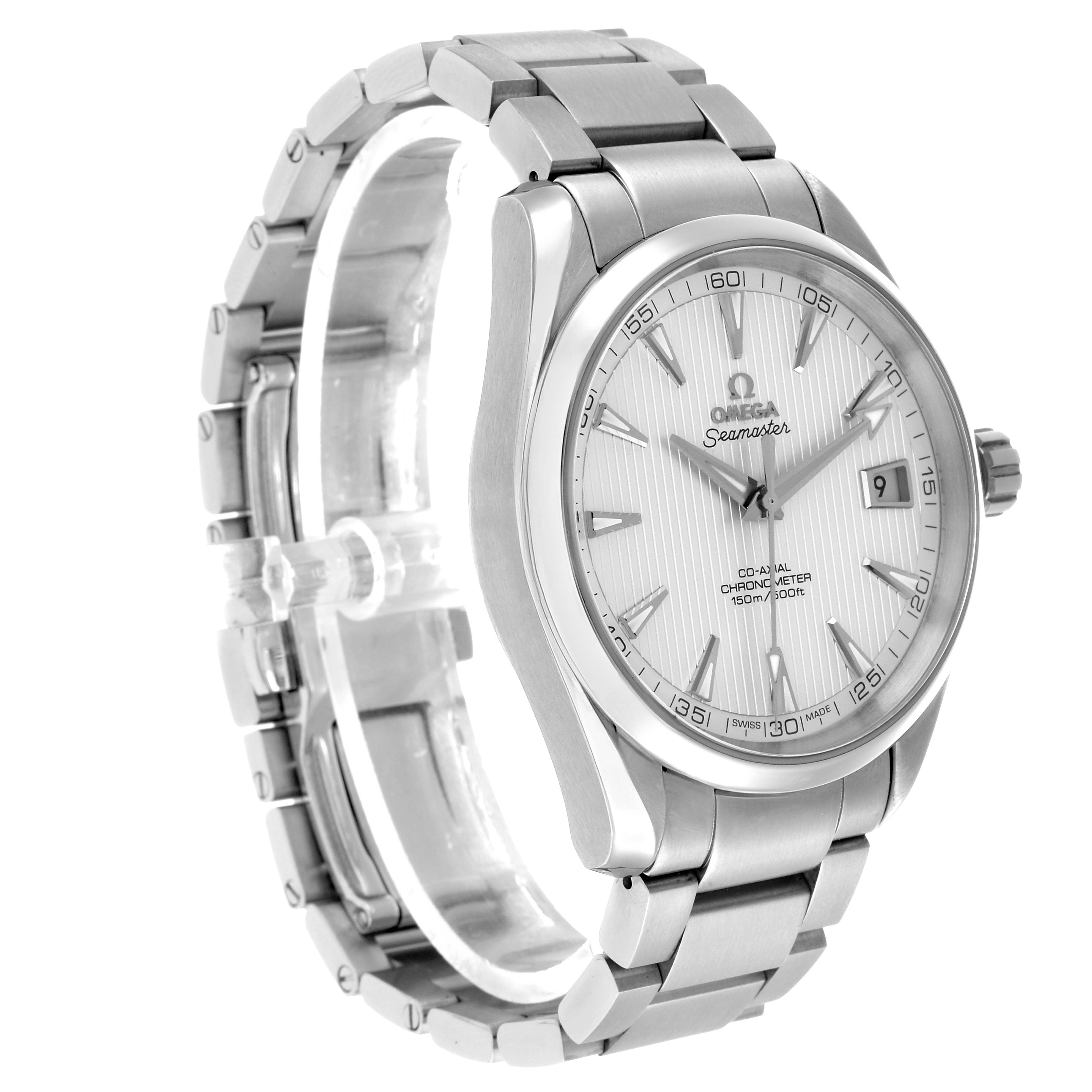 The Omega Aqua Terra 231.10.39.21.02.001 Men's Stainless Steel Silver Dial watch is shown at a three-quarter angle, displaying its face, bezel, crown, and part of the bracelet.