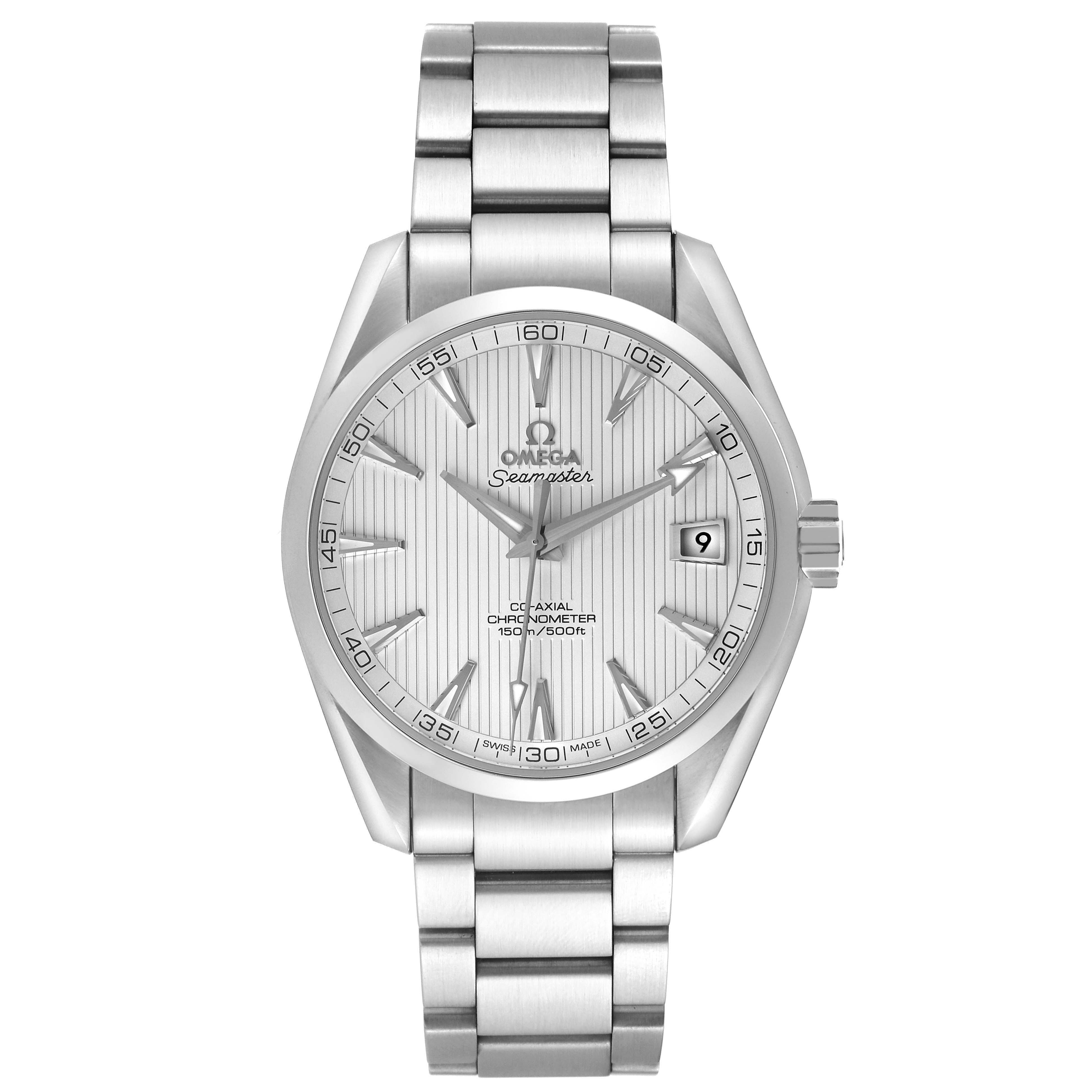 The Omega Aqua Terra 231.10.39.21.02.001 Men's Stainless Steel Silver Dial watch is shown from a front angle, displaying the dial, hands, and bracelet.