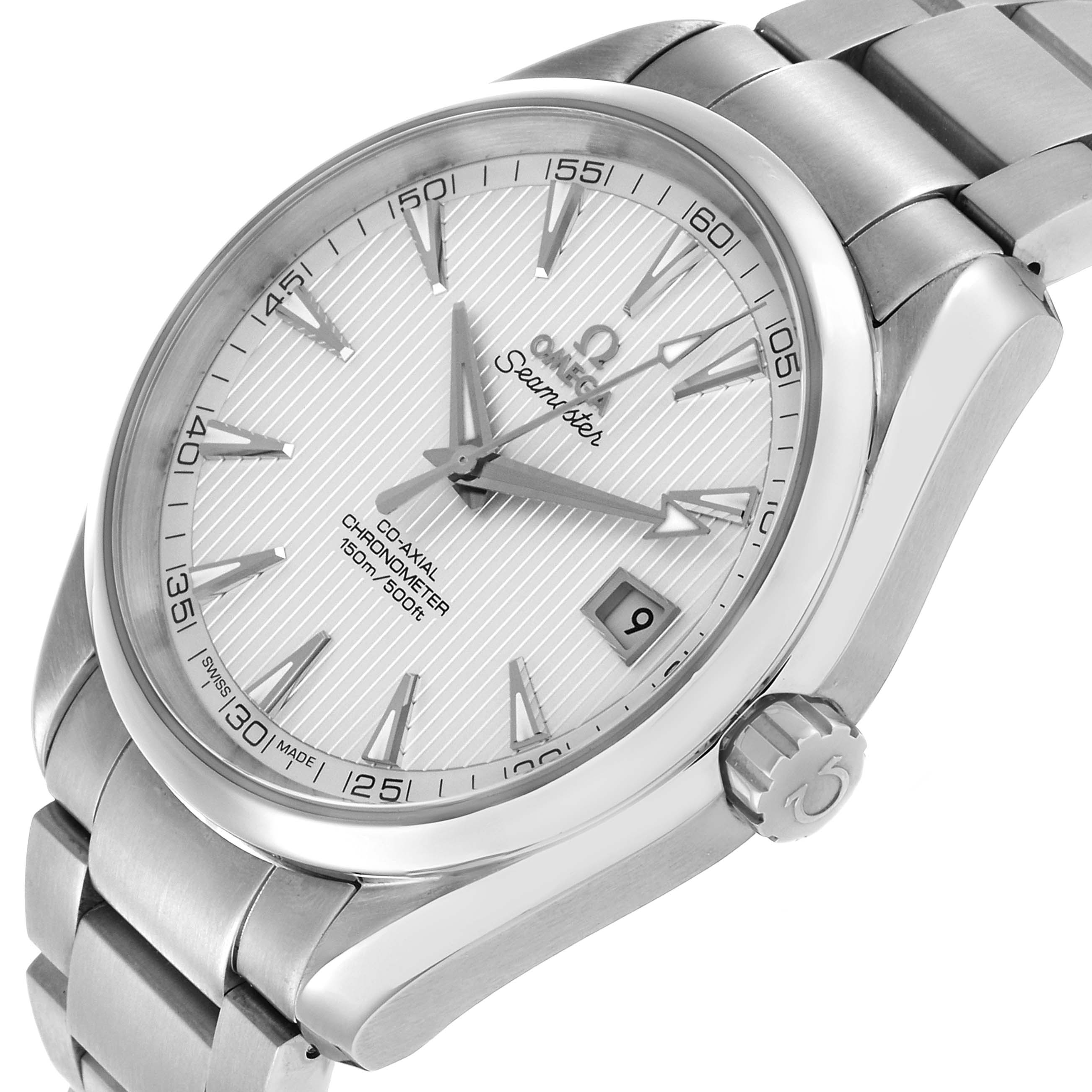 The Omega Aqua Terra 231.10.39.21.02.001 Men's Stainless Steel Silver Dial watch is shown at a slight angle, displaying its dial, crown, and part of the bracelet.