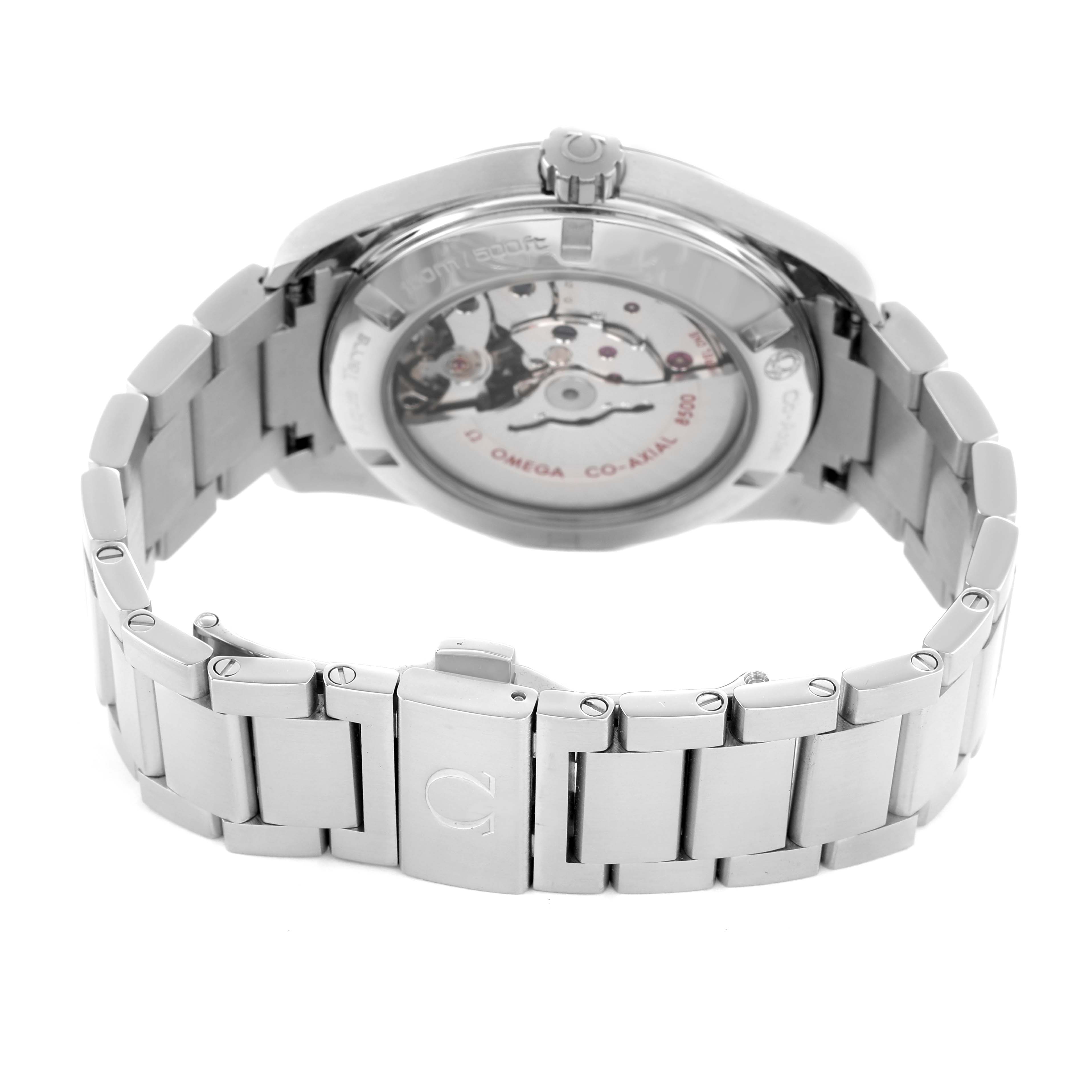 The Omega Aqua Terra 231.10.39.21.02.001 Men's Stainless Steel Silver Dial watch is shown from the back, highlighting its stainless steel bracelet and exhibition case back.