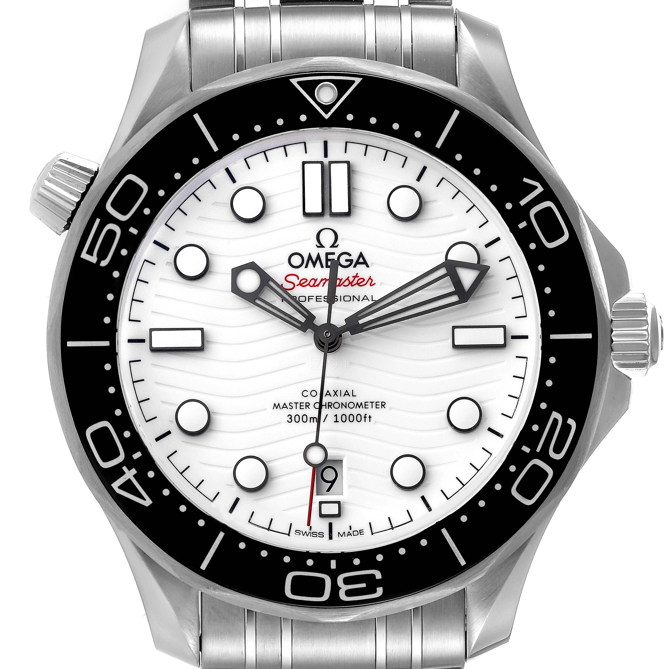 This image shows a front view of the Omega Seamaster 210.30.42.20.04.001 Men's Stainless Steel White Dial 210.30.42.20.04.001 Men's Stainless Steel White Dial watch, highlighting its white dial, hands, bezel, and bracelet.