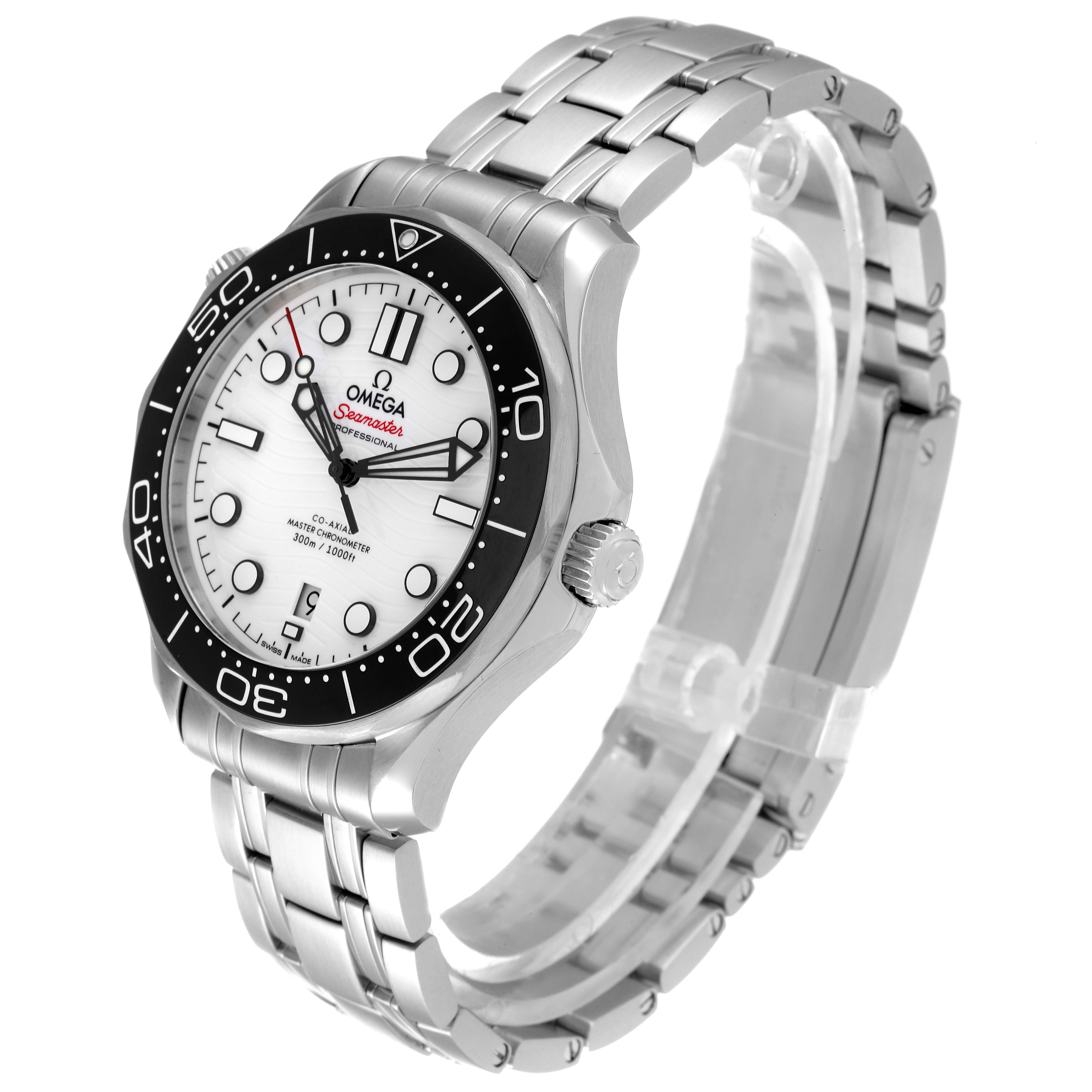 The image shows a side view of the Omega Seamaster 210.30.42.20.04.001 Men's Stainless Steel White Dial 210.30.42.20.04.001 Men's Stainless Steel White Dial watch, highlighting its bezel, dial, crown, and stainless steel bracelet.