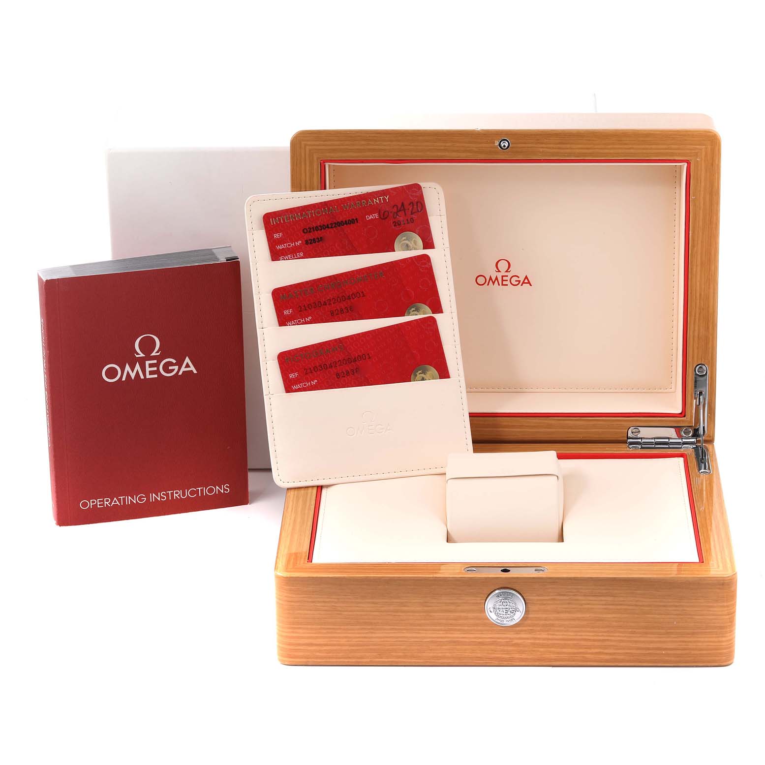 The image shows an open Omega Seamaster 210.30.42.20.04.001 Men's Stainless Steel White Dial 210.30.42.20.04.001 Men's Stainless Steel White Dial watch box with warranty cards and operating instructions.