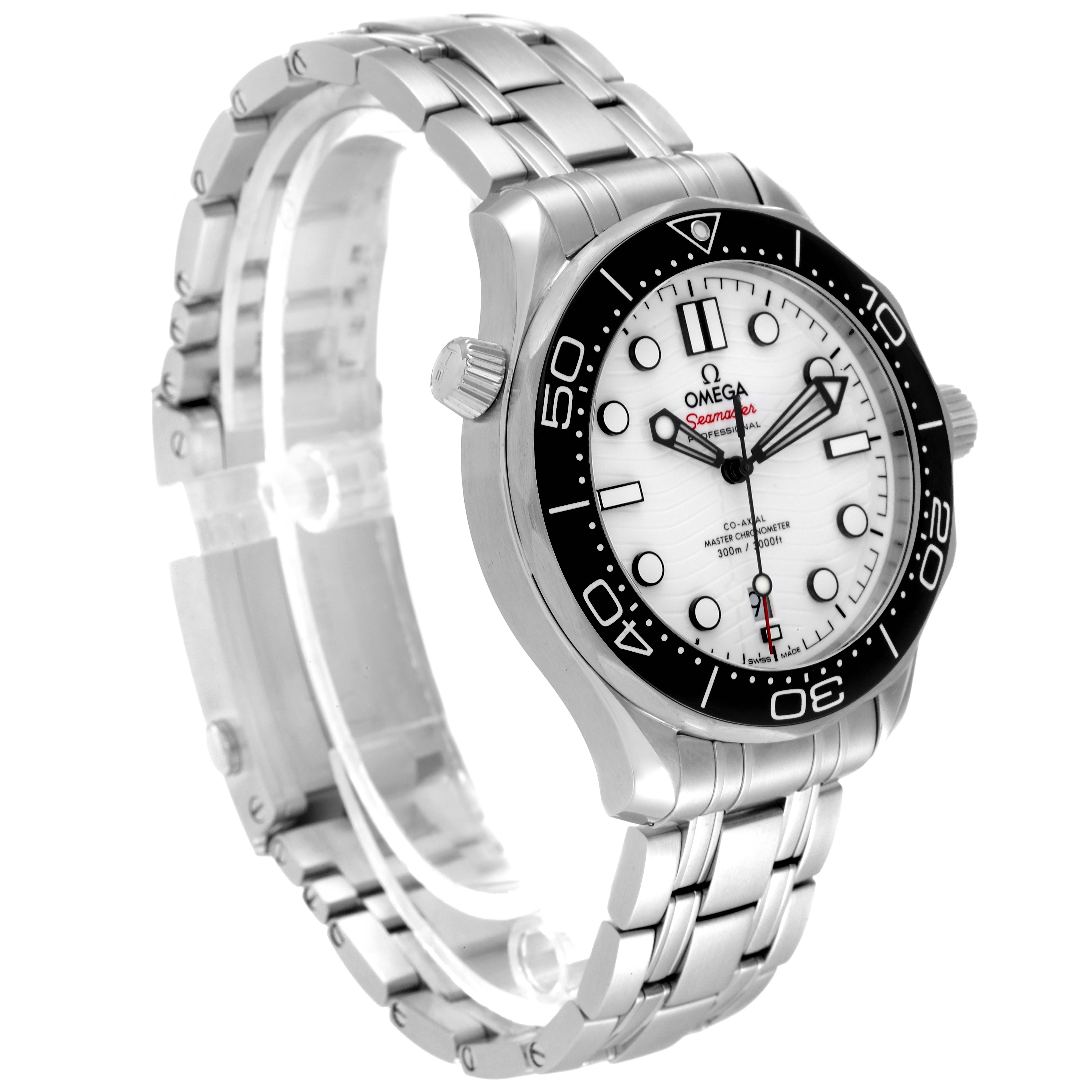 This image shows a front-left angled view of the Omega Seamaster 210.30.42.20.04.001 Men's Stainless Steel White Dial 210.30.42.20.04.001 Men's Stainless Steel White Dial watch with its stainless steel band and bezel clearly visible.