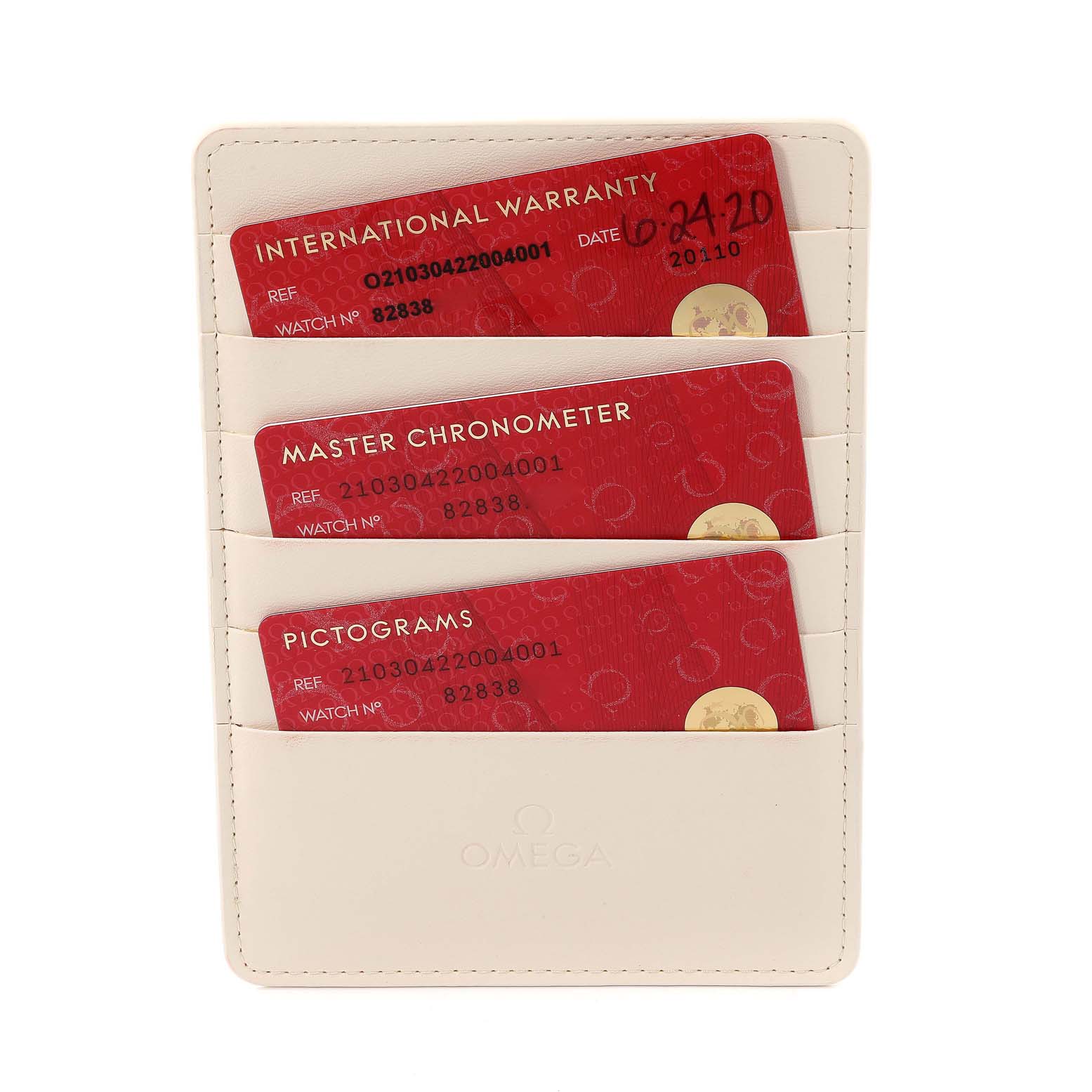 The image shows warranty, master chronometer, and pictogram cards for an Omega Seamaster 210.30.42.20.04.001 Men's Stainless Steel White Dial 210.30.42.20.04.001 Men's Stainless Steel White Dial, held in a white cardholder.