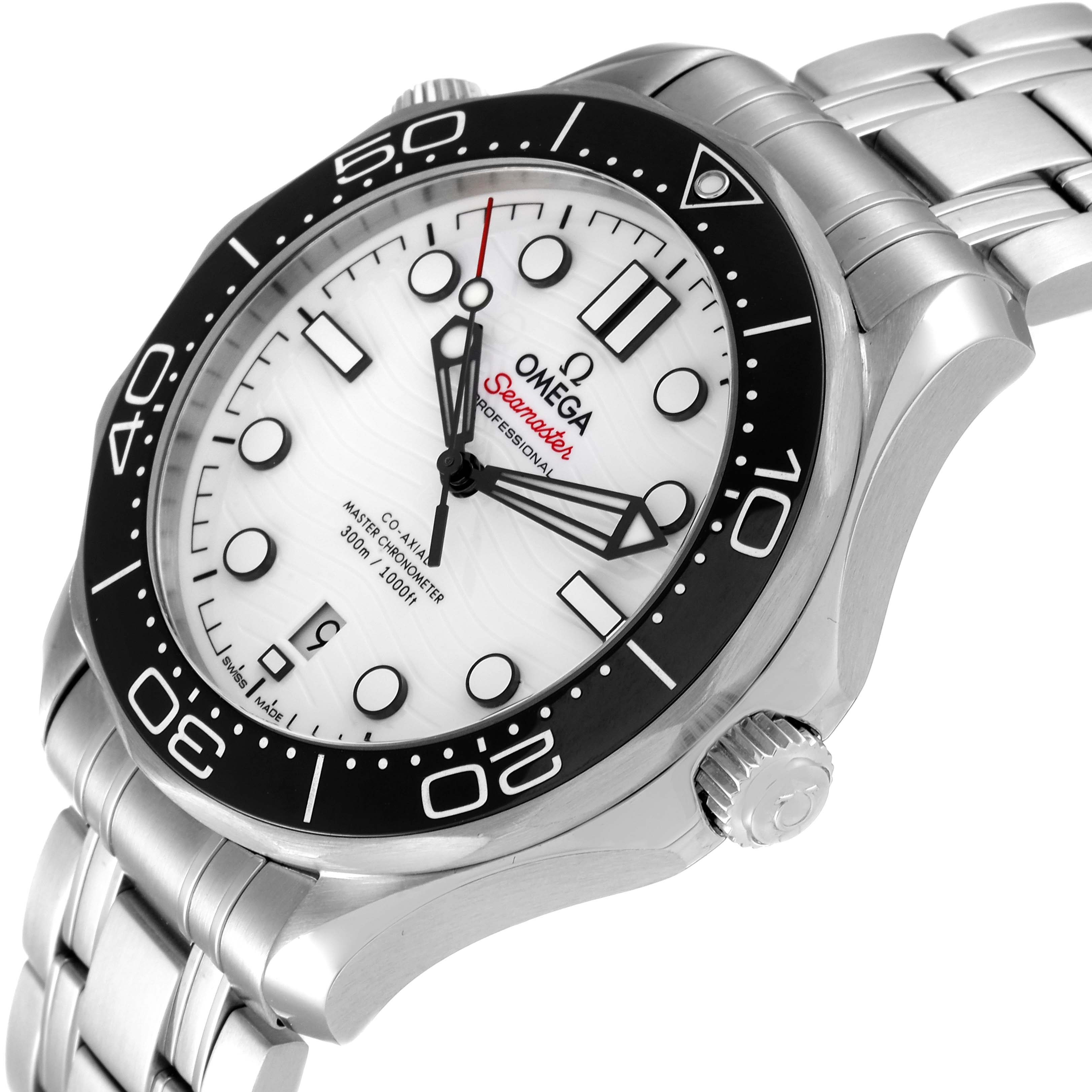 The image displays an angled view of the Omega Seamaster 210.30.42.20.04.001 Men's Stainless Steel White Dial 210.30.42.20.04.001 Men's Stainless Steel White Dial watch, showing its face, bezel, crown, and part of the bracelet.