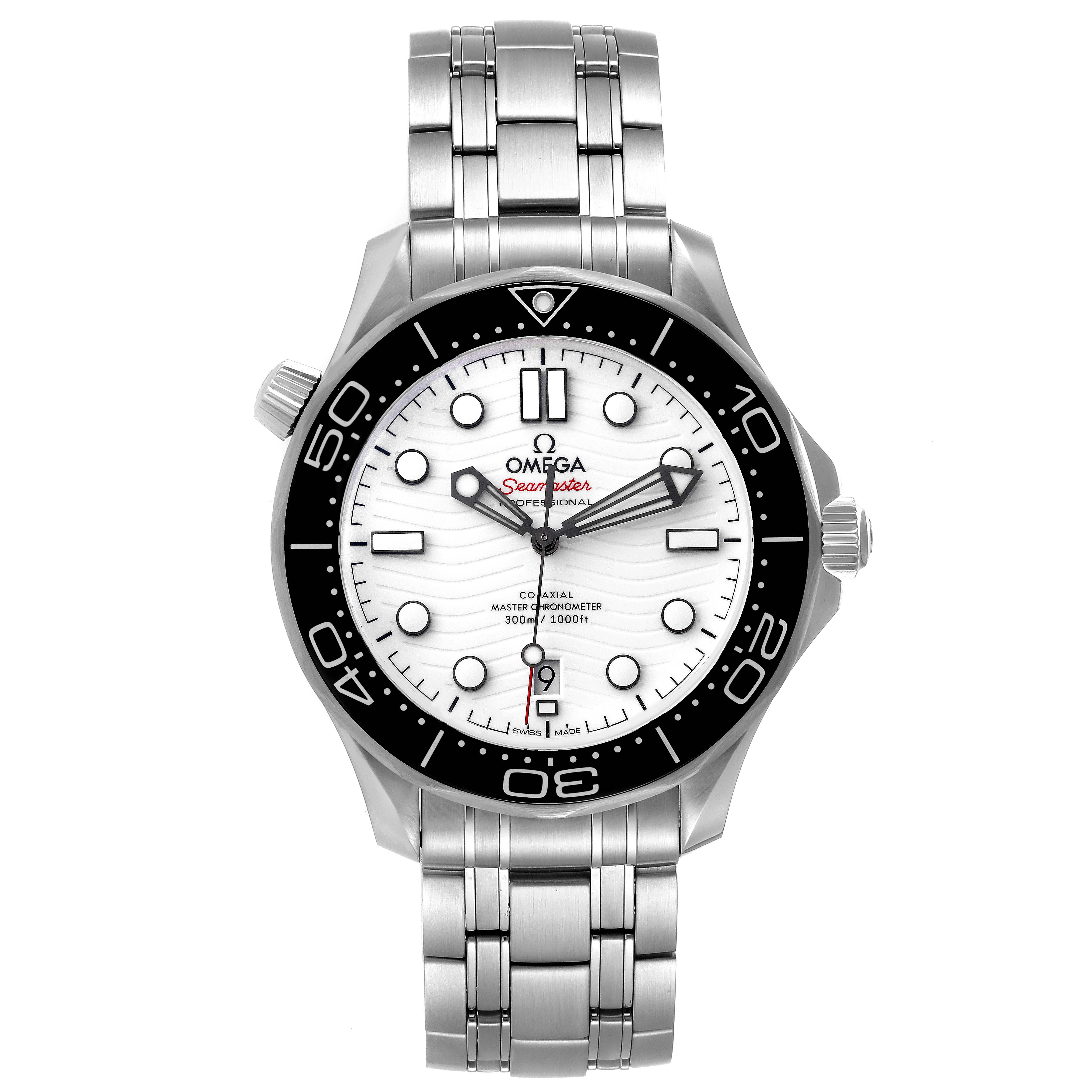 This Omega Seamaster 210.30.42.20.04.001 Men's Stainless Steel White Dial 210.30.42.20.04.001 Men's Stainless Steel White Dial watch is shown from a top-down angle, displaying its face, bezel, and bracelet.