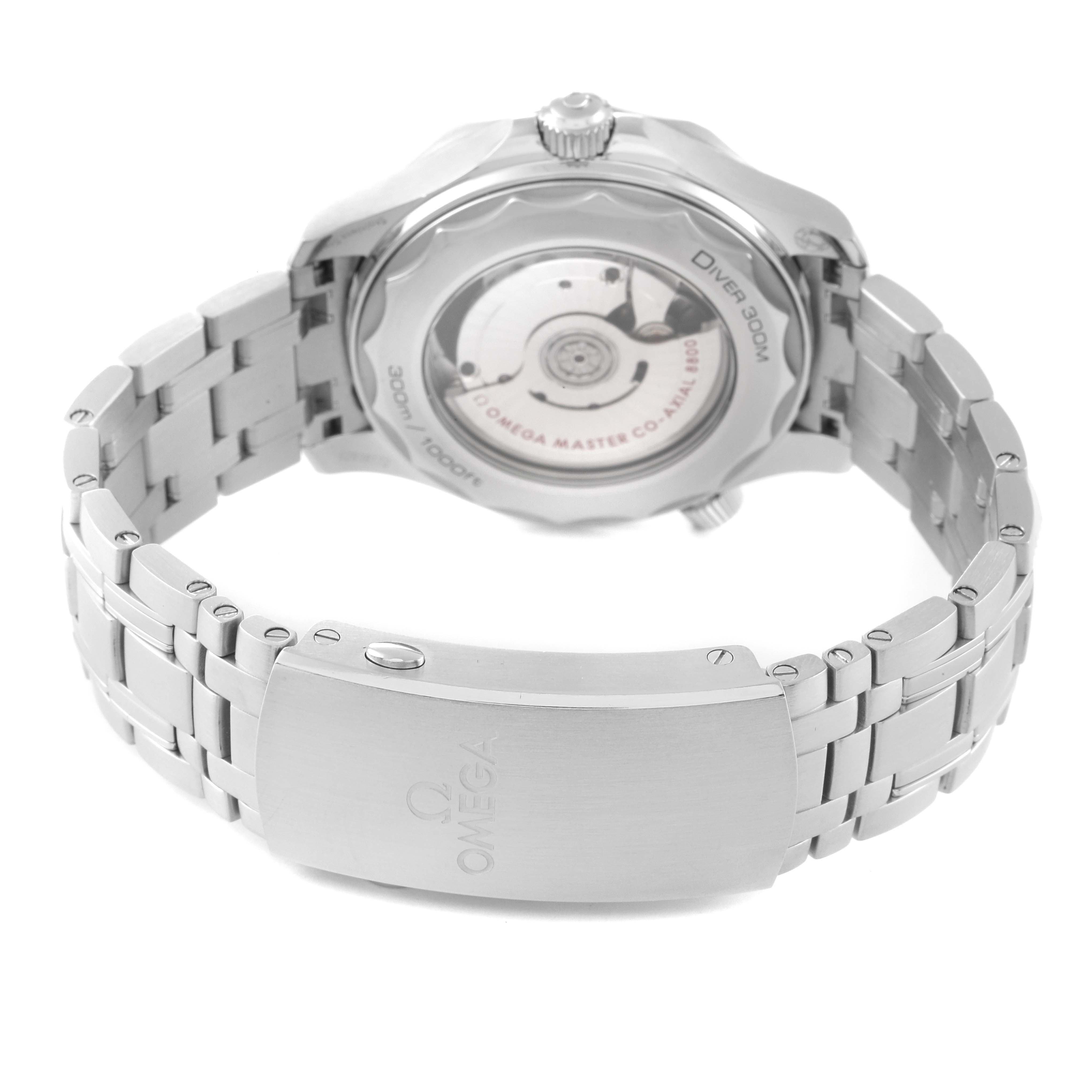 The image shows the back and bracelet of an Omega Seamaster 210.30.42.20.04.001 Men's Stainless Steel White Dial 210.30.42.20.04.001 Men's Stainless Steel White Dial watch, highlighting its clasp and the movement through the transparent case back.