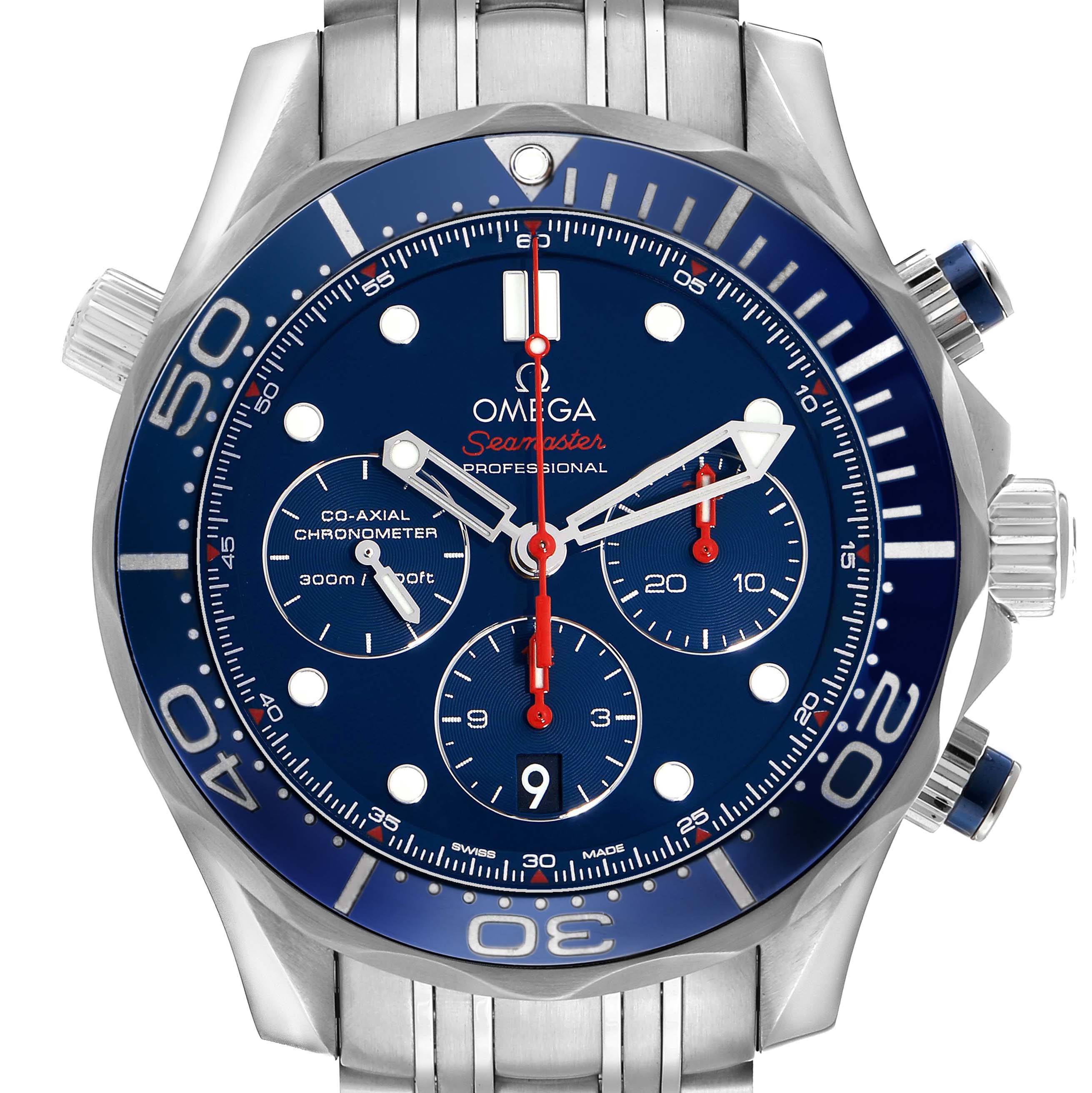 The Omega Seamaster 212.30.44.50.03.001 Men's Stainless Steel Blue Dial watch is shown at a front angle highlighting the dial, bezel, crown, and pushers.