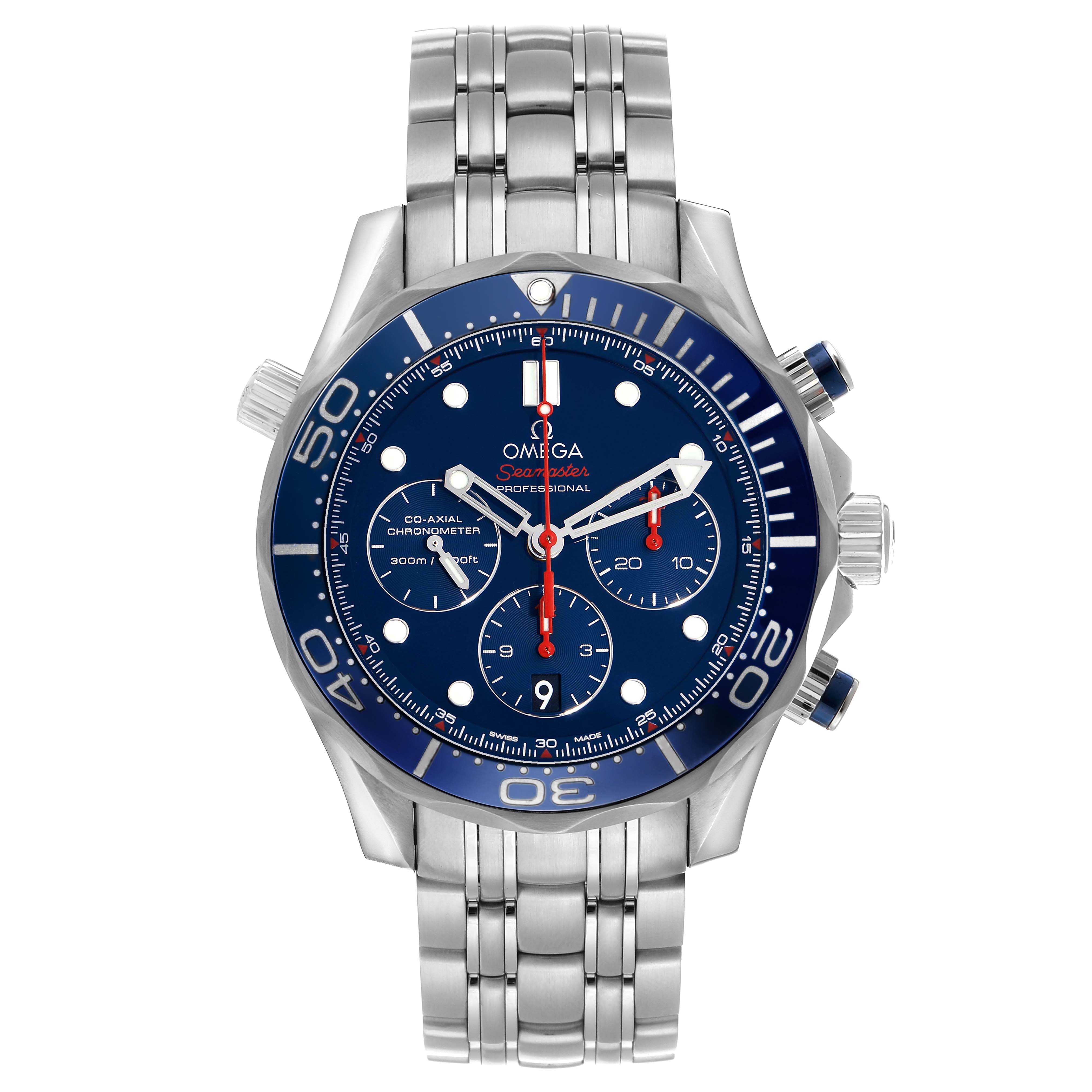 The Omega Seamaster 212.30.44.50.03.001 Men's Stainless Steel Blue Dial watch is shown from a front angle, displaying the dial, bezel, crown, and stainless steel bracelet.