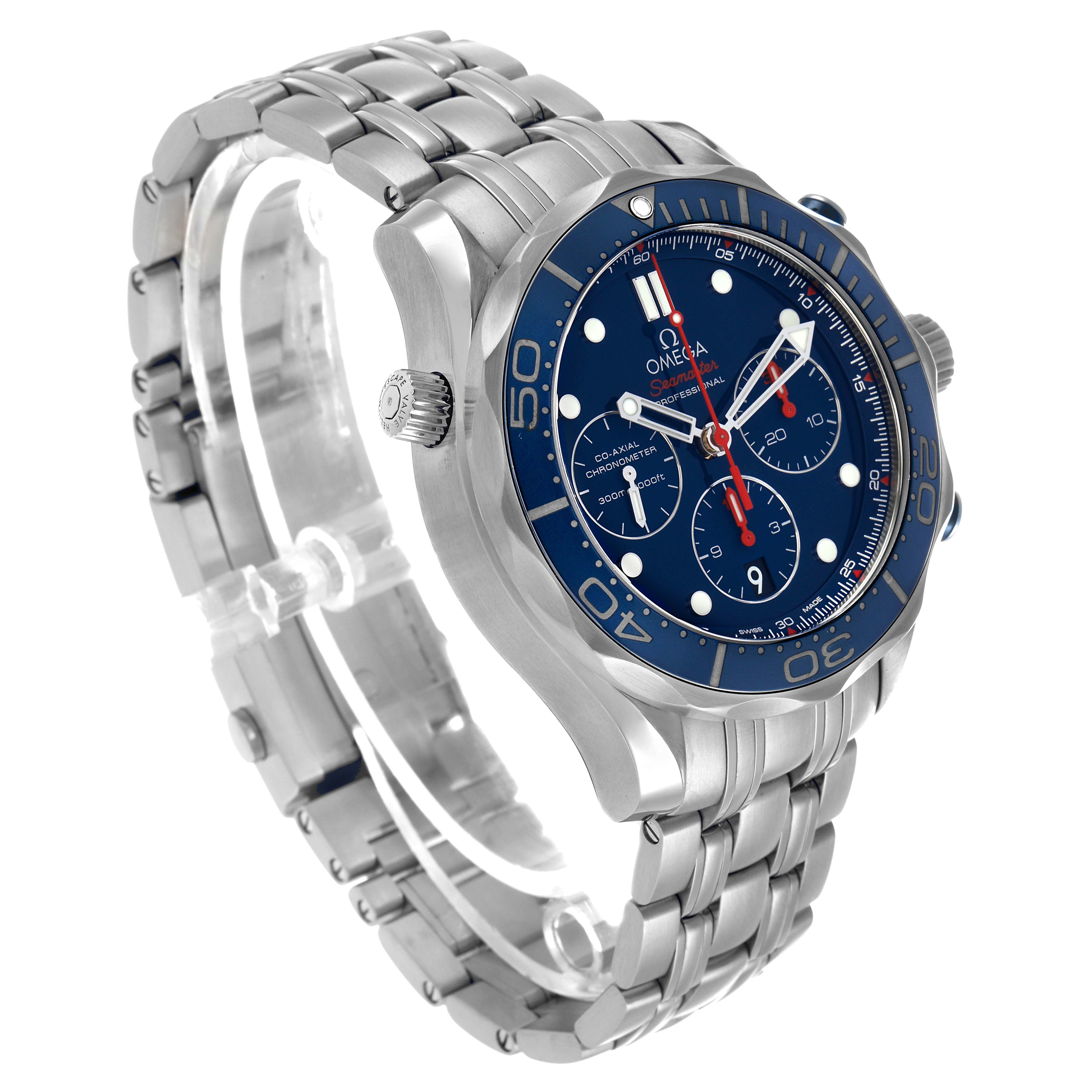 The Omega Seamaster 212.30.44.50.03.001 Men's Stainless Steel Blue Dial watch is shown at a three-quarter angle, featuring the bezel, crown, dial, and bracelet.