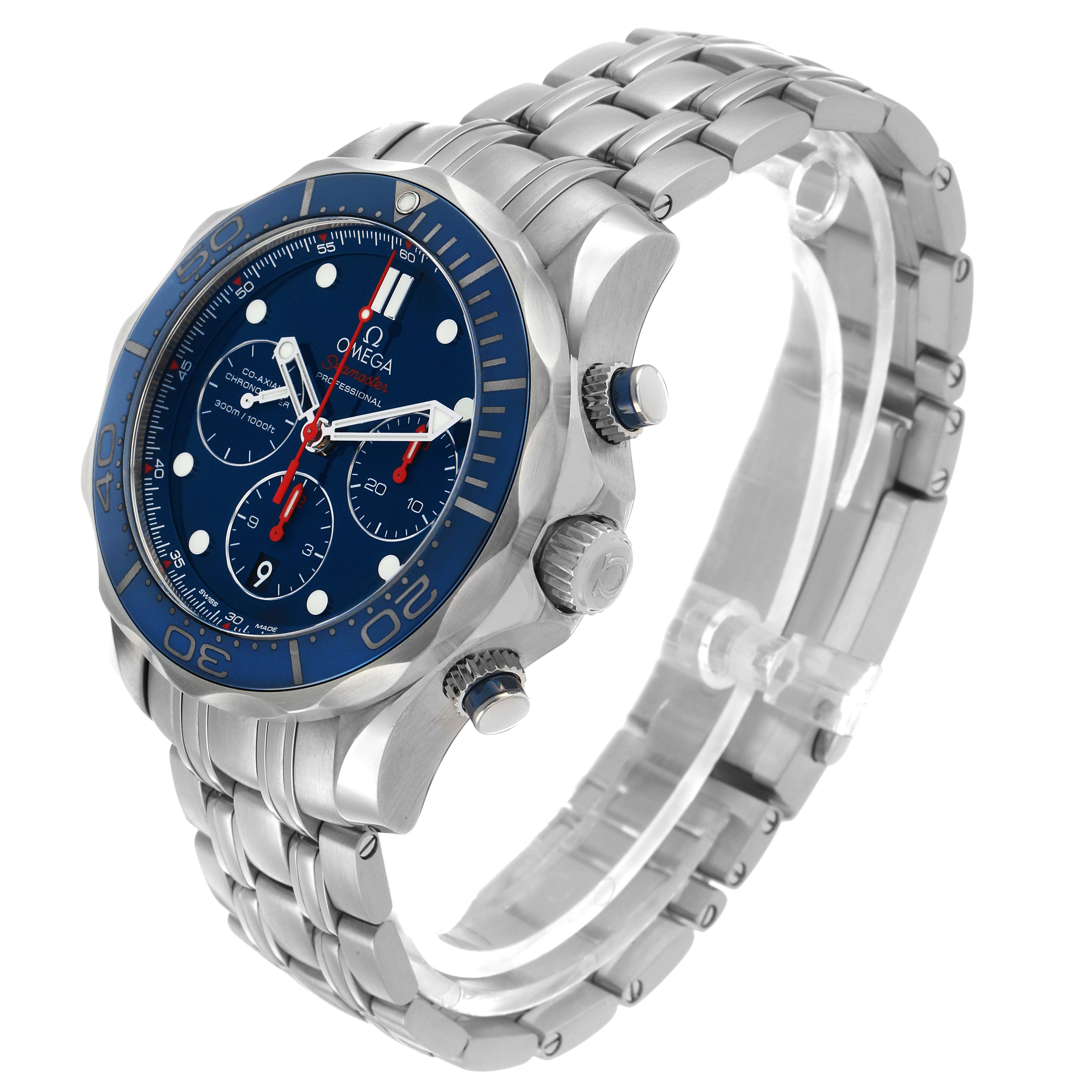 The image shows an Omega Seamaster 212.30.44.50.03.001 Men's Stainless Steel Blue Dial watch at a three-quarter angle, highlighting the blue dial, bezel, chronograph, and stainless steel bracelet.