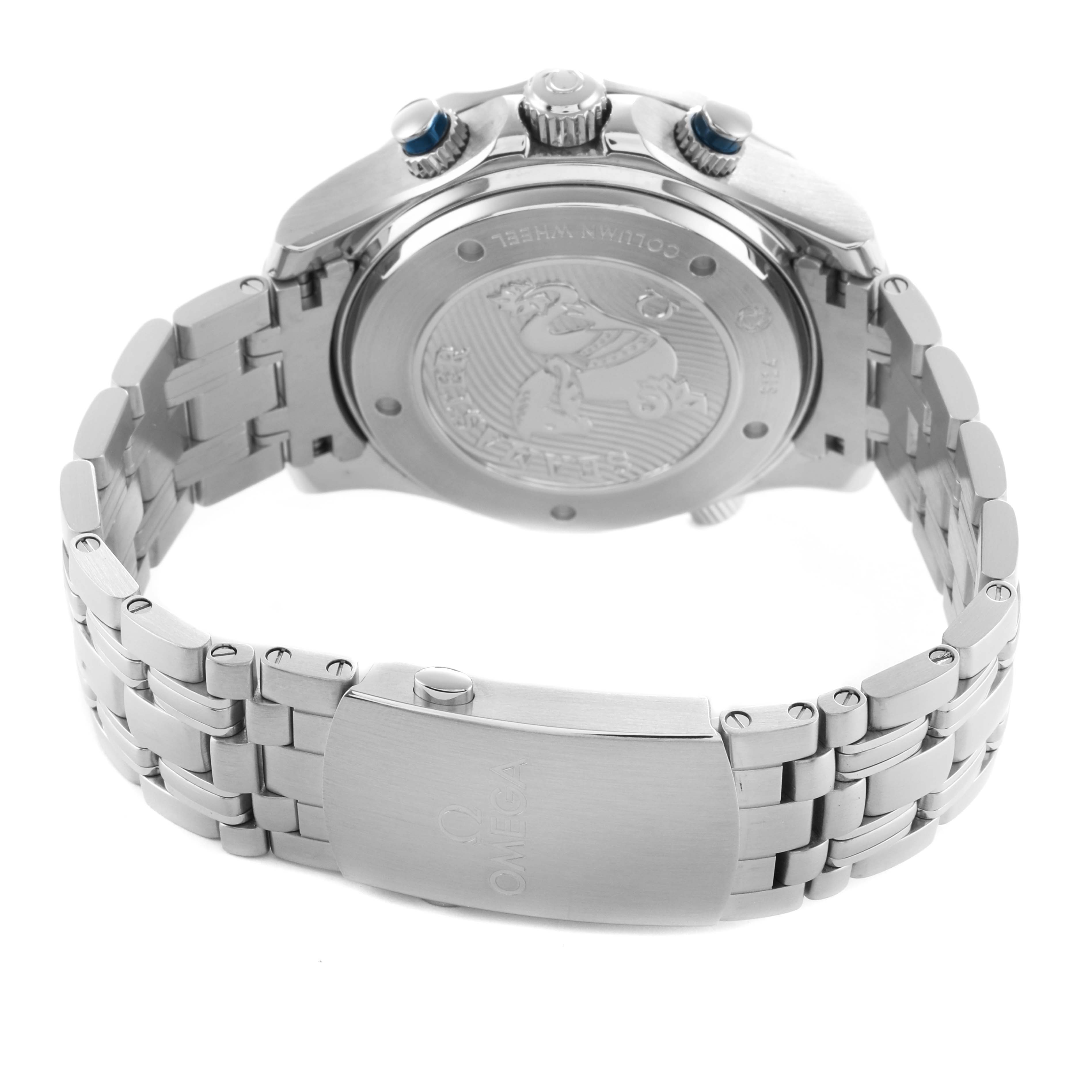 The image shows the back and clasp of an Omega Seamaster 212.30.44.50.03.001 Men's Stainless Steel Blue Dial watch, highlighting the case back and stainless steel bracelet.