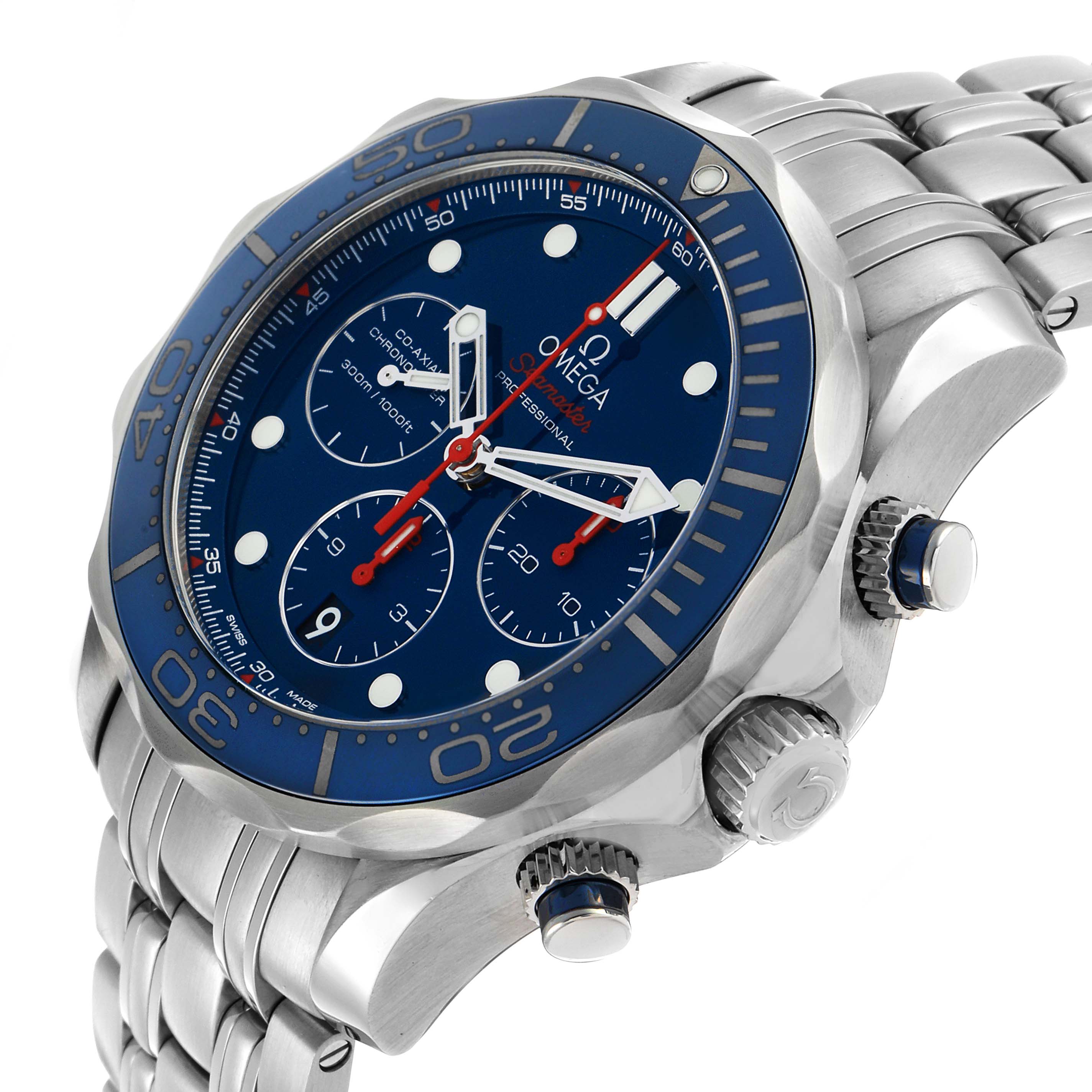 The Omega Seamaster 212.30.44.50.03.001 Men's Stainless Steel Blue Dial model is shown at a slight angle, featuring the blue dial, bezel, chronograph subdials, and metal bracelet.