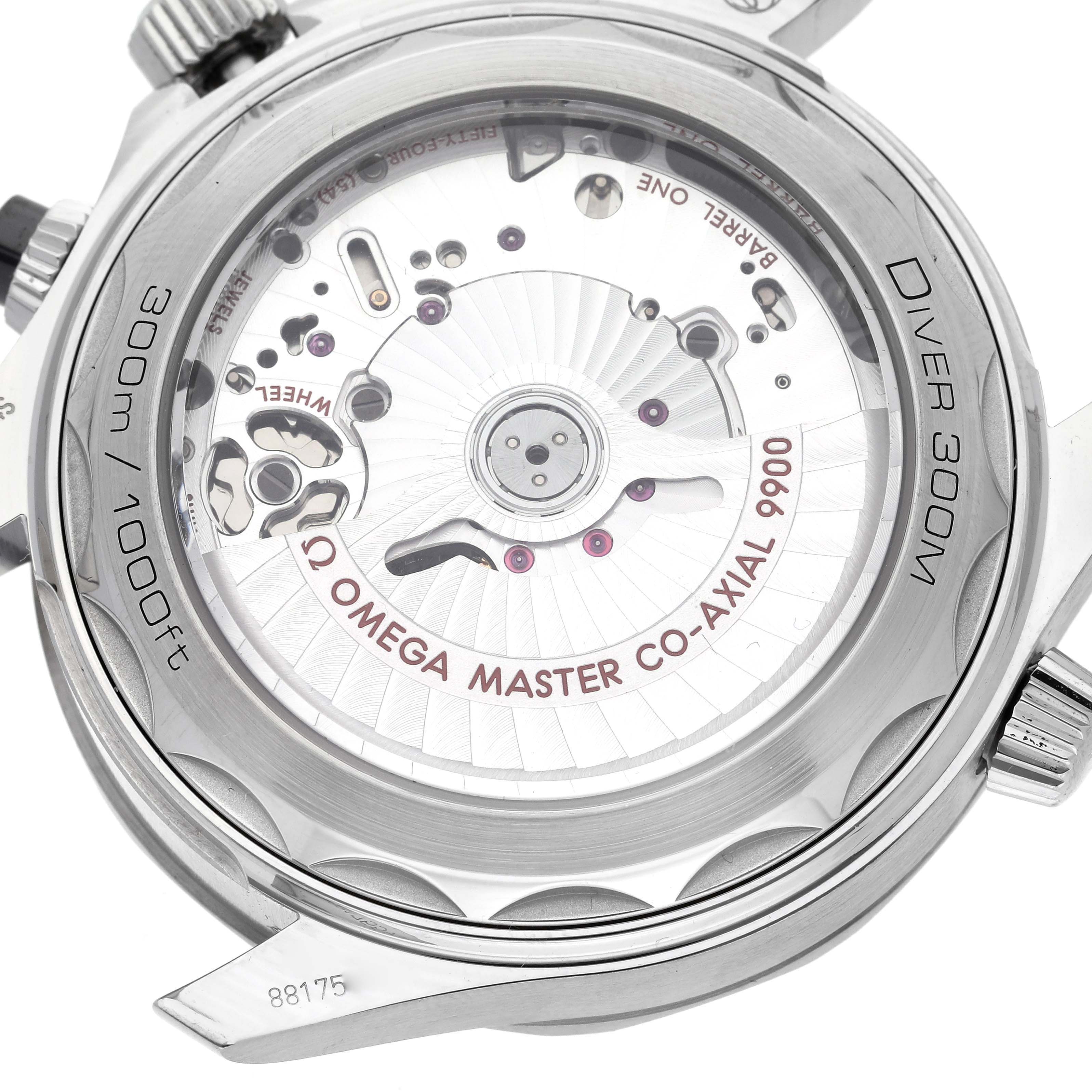 The image shows the back of the Omega Seamaster 210.32.44.51.01.001 Men
s Stainless Steel Black Dial 210.32.44.51.01.001 Men
s Stainless Steel Black Dial, highlighting its transparent case and movement details.