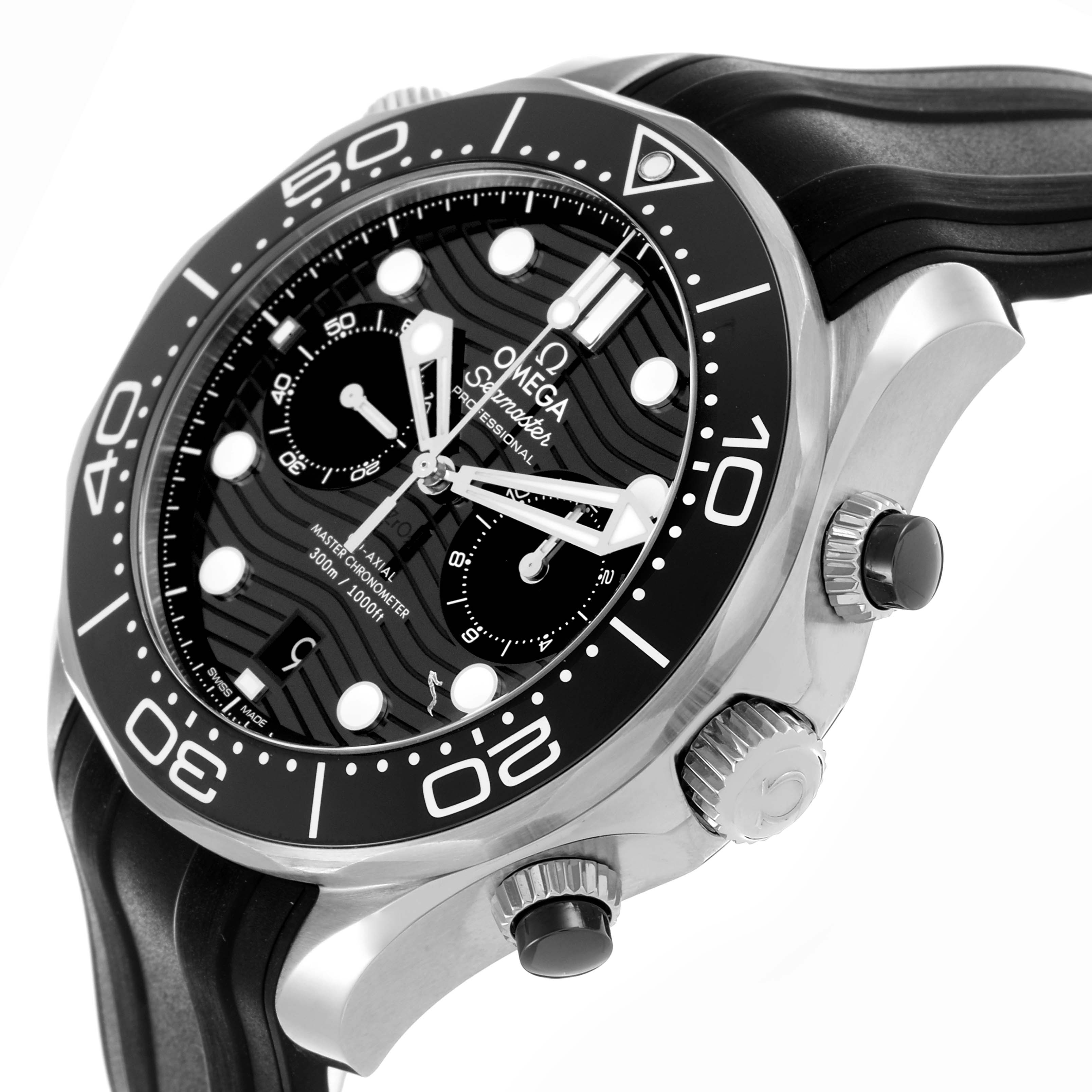 The Omega Seamaster 210.32.44.51.01.001 Men
s Stainless Steel Black Dial 210.32.44.51.01.001 Men
s Stainless Steel Black Dial is shown at an angle highlighting the dial, bezel, and side crowns.