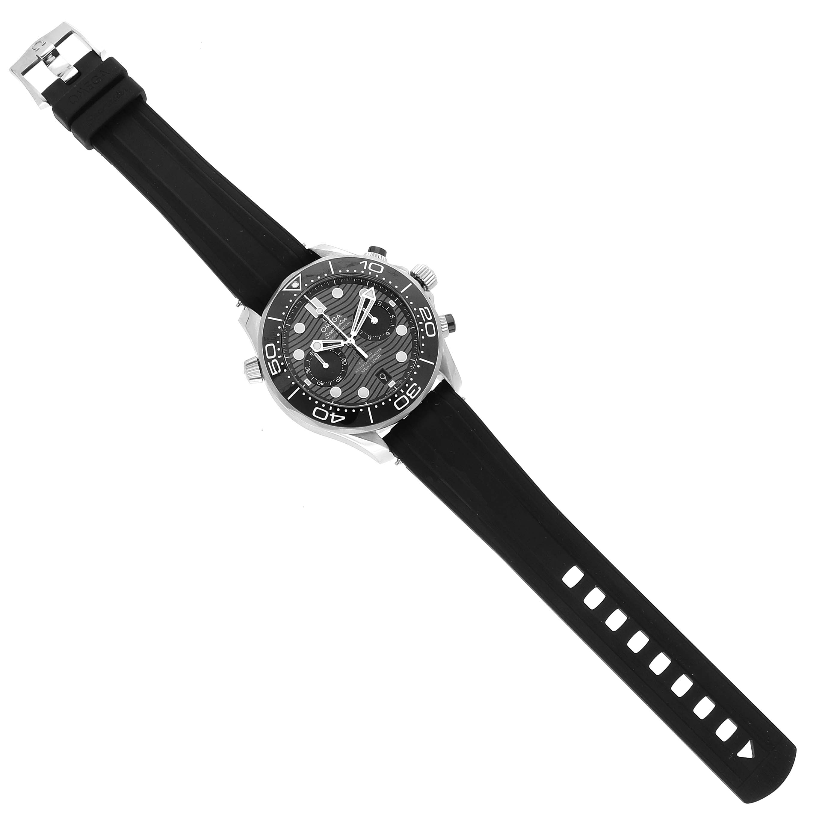 The Omega Seamaster 210.32.44.51.01.001 Men
s Stainless Steel Black Dial 210.32.44.51.01.001 Men
s Stainless Steel Black Dial watch is shown from a top view, highlighting its black rubber strap, bezel, and chronograph dial.