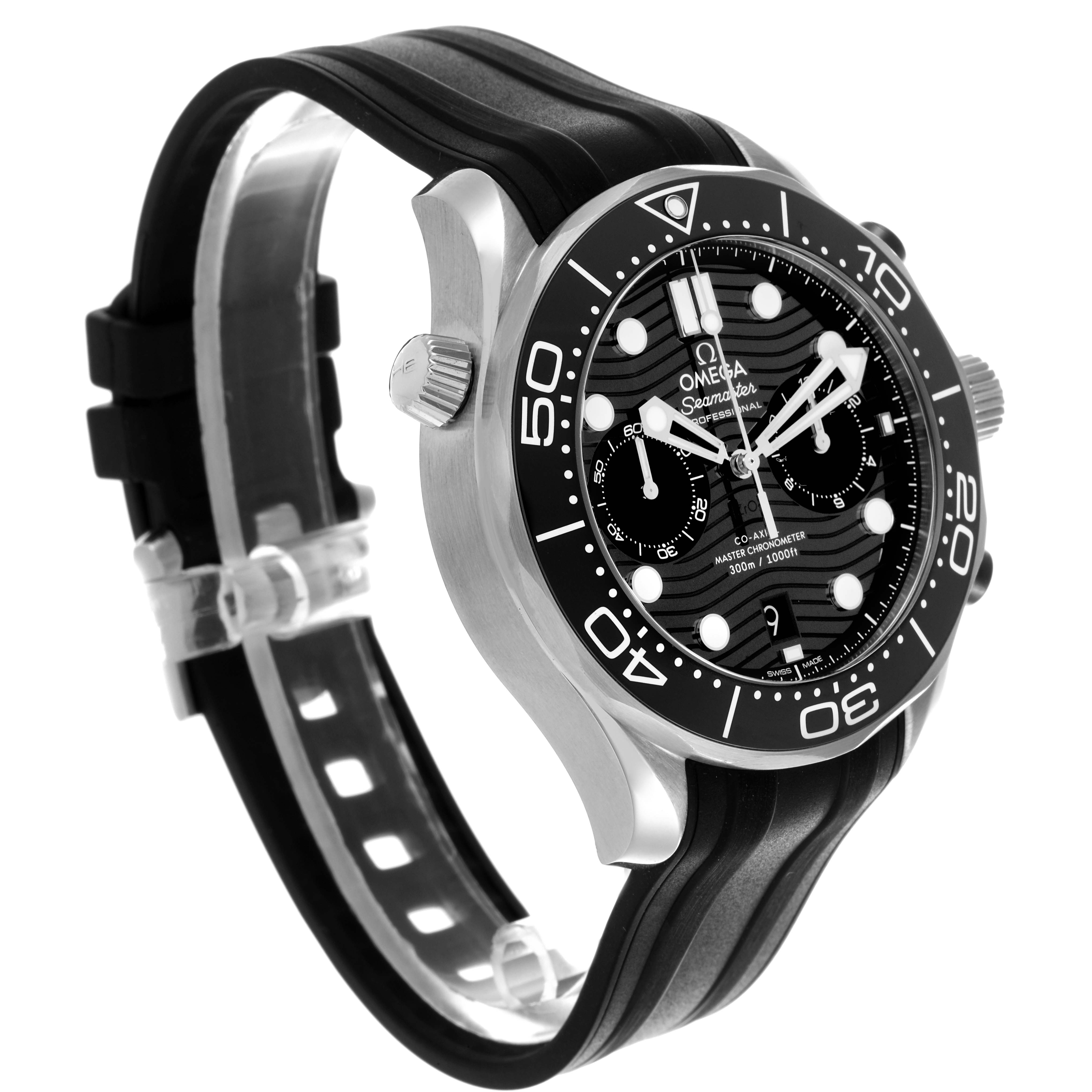 The Omega Seamaster 210.32.44.51.01.001 Men
s Stainless Steel Black Dial 210.32.44.51.01.001 Men
s Stainless Steel Black Dial watch is shown at a three-quarter angle displaying the face, bezel, case, crown, and strap.