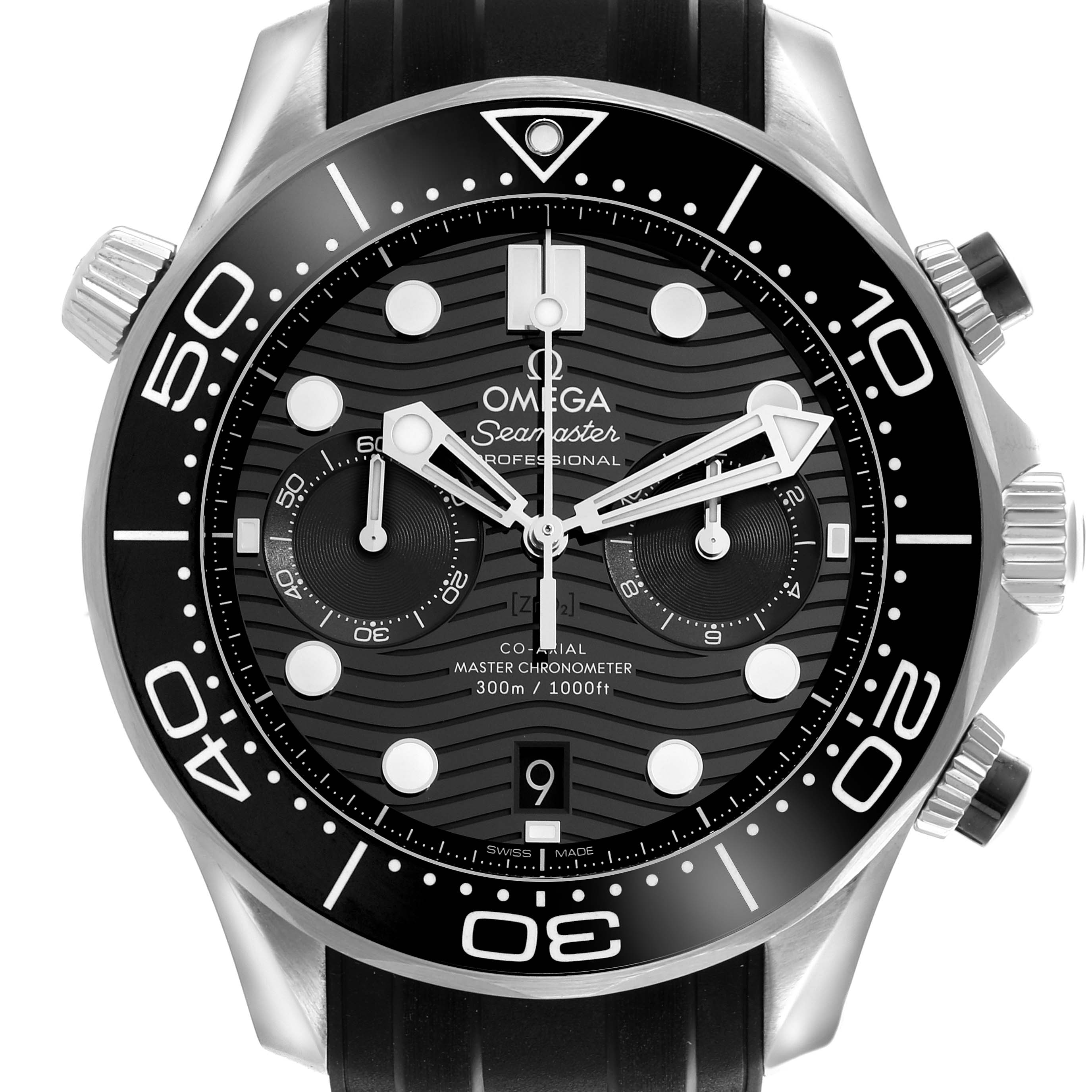 The image shows a frontal view of an Omega Seamaster 210.32.44.51.01.001 Men
s Stainless Steel Black Dial 210.32.44.51.01.001 Men
s Stainless Steel Black Dial with its face, bezel, crown, and pushers visible.