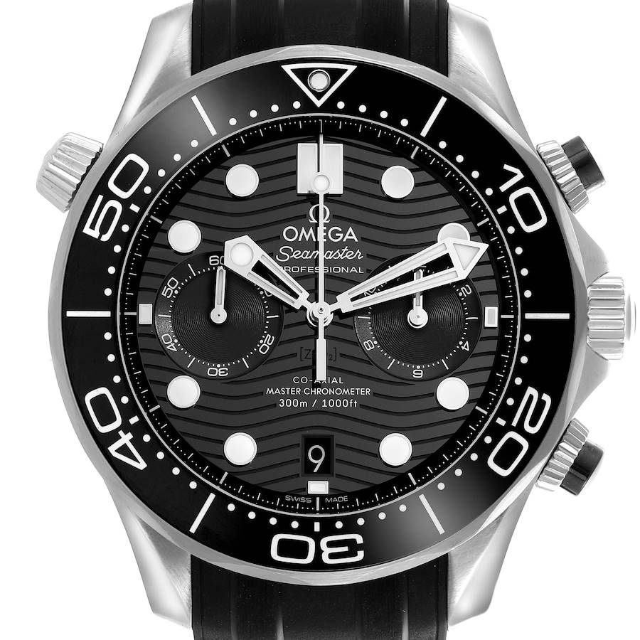 The image shows a frontal view of an Omega Seamaster with its face, bezel, crown, and pushers visible.